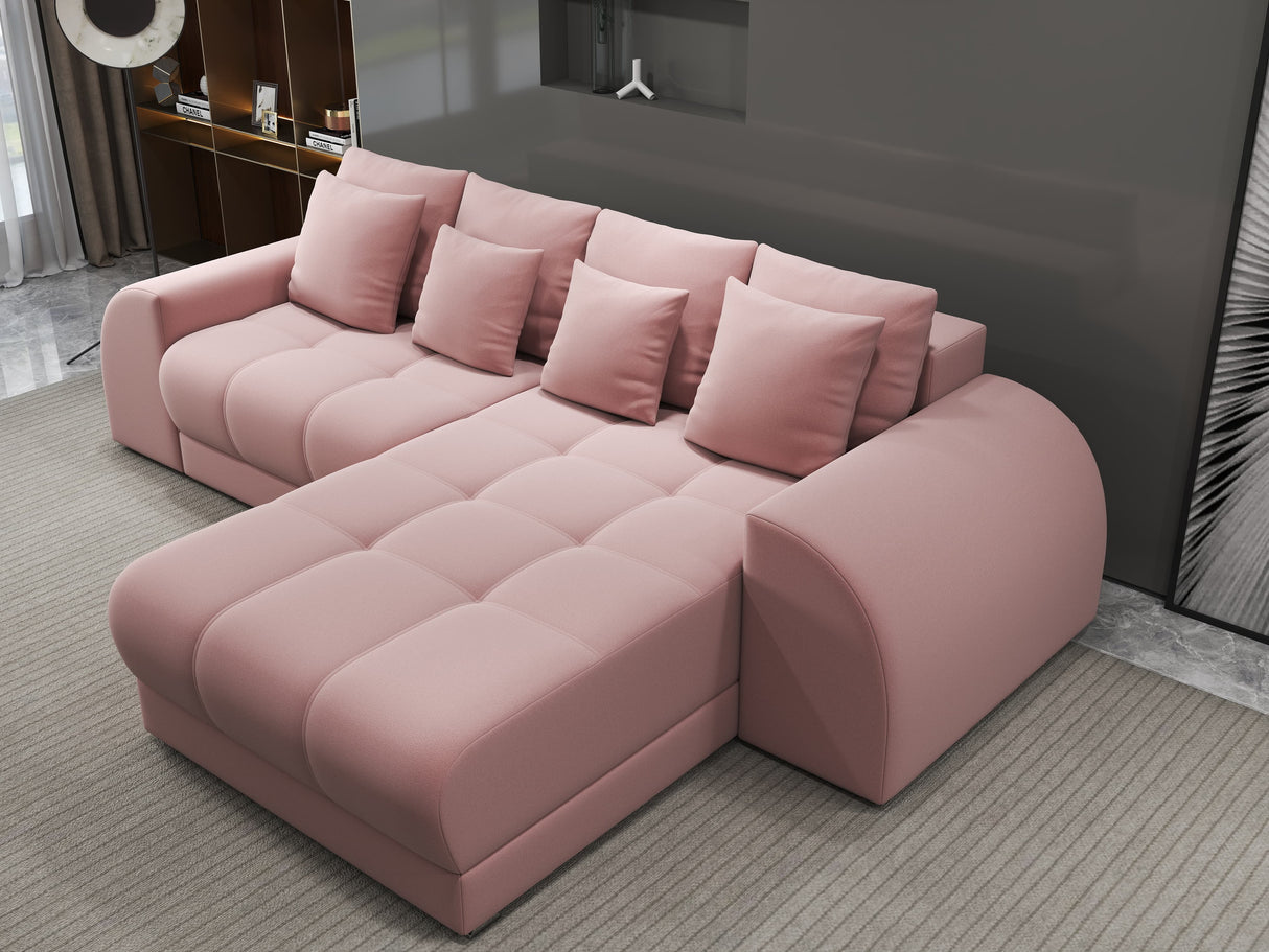 Colțar extensibil dumonde cu ladă de depozitare si sezut confortabil din spuma HR, Verona Royal Roz II 290x185 cm Fabrica
