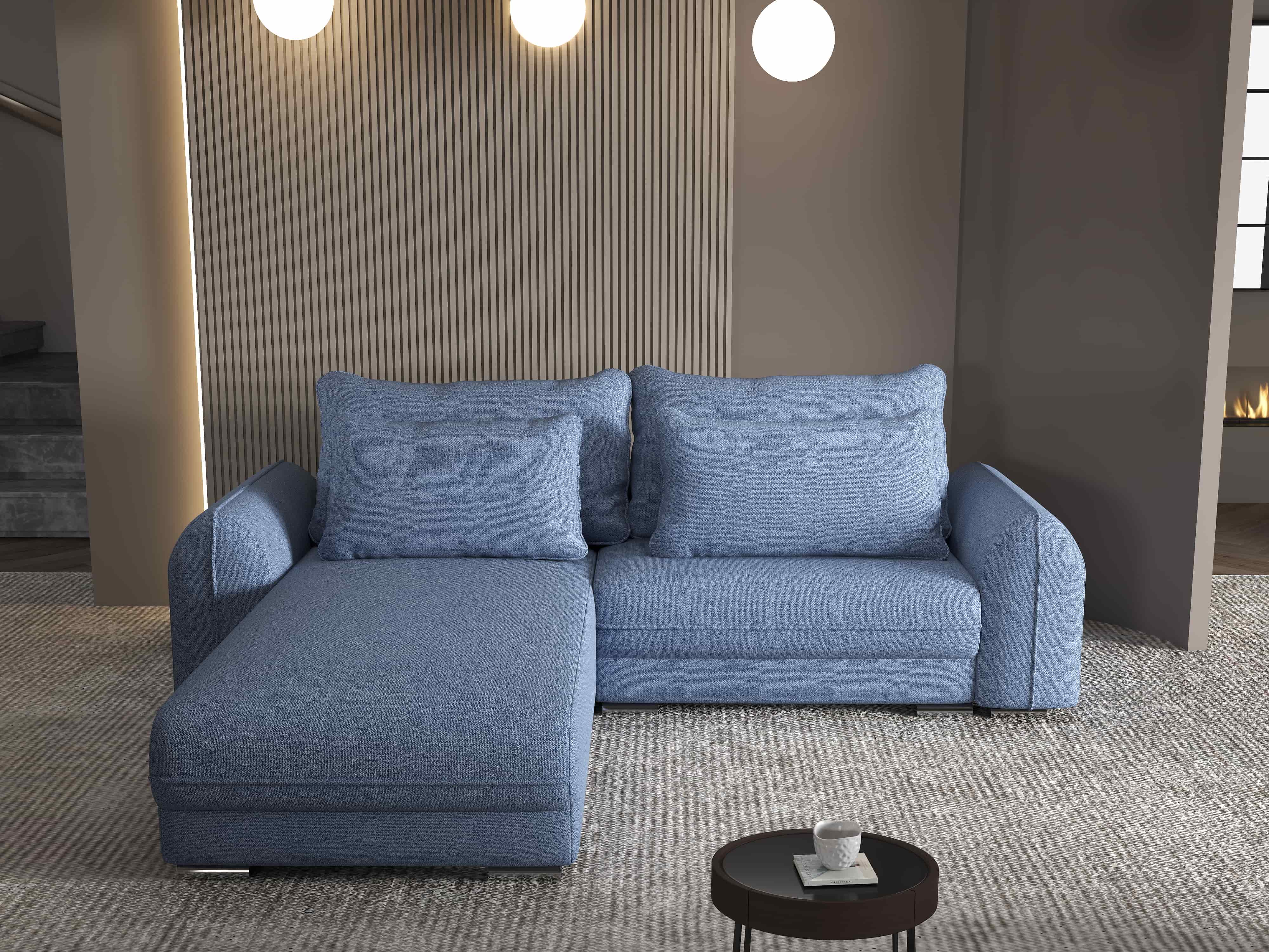 Colțar extensibil dumonde cu ladă de depozitare si sezut confortabil din spuma HR, Denver Enjoy Albastru 275x185 cm Fabrica