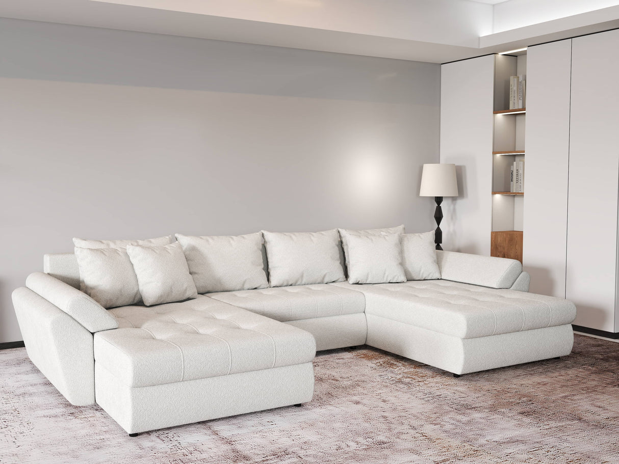 Colțar extensibil dumonde cu ladă de depozitare si sezut confortabil din spuma HR, Loana U Bej Euphoria 355x185 cm Fabrica
