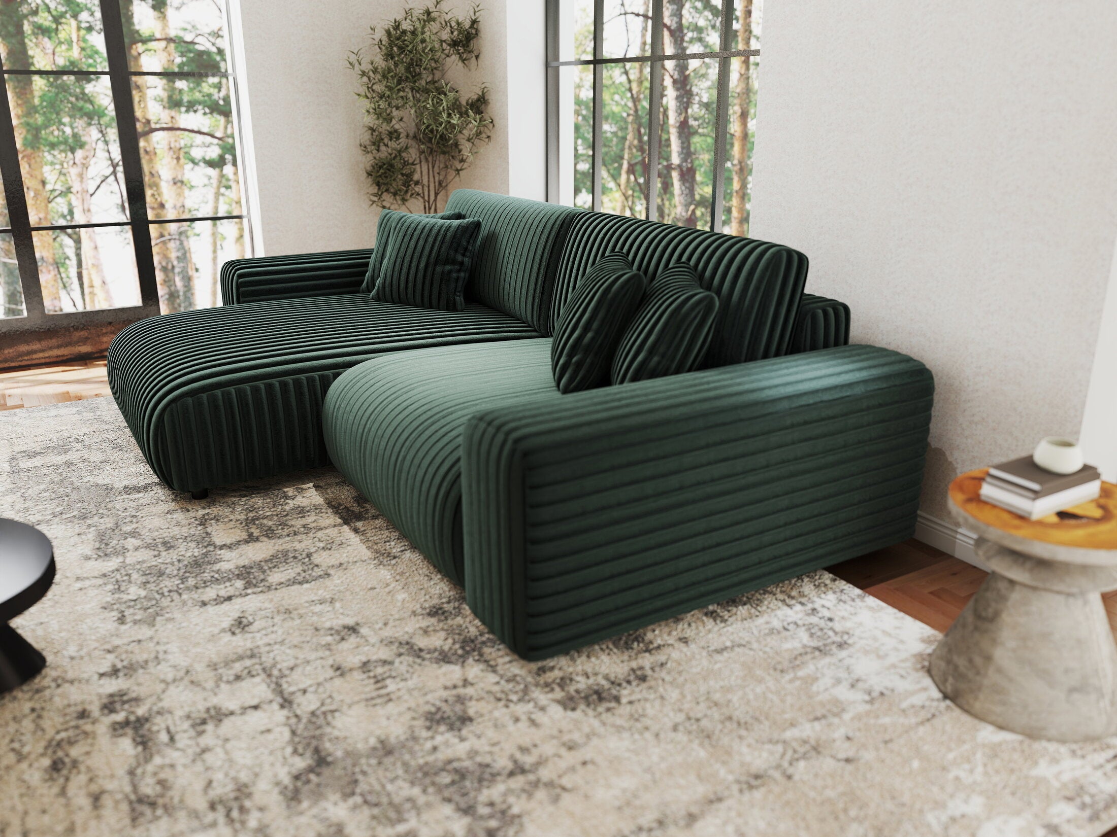 Colțar extensibil dumonde cu ladă de depozitare si sezut confortabil din spuma HR, Sarina Ambience Verde 255x168 cm