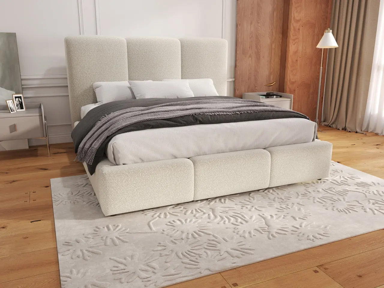 Pat dormitor dumonde, tapitat bej, Dinasty 160x200 cm, somiera rabatabila inclusa, spatiu depozitare WLS