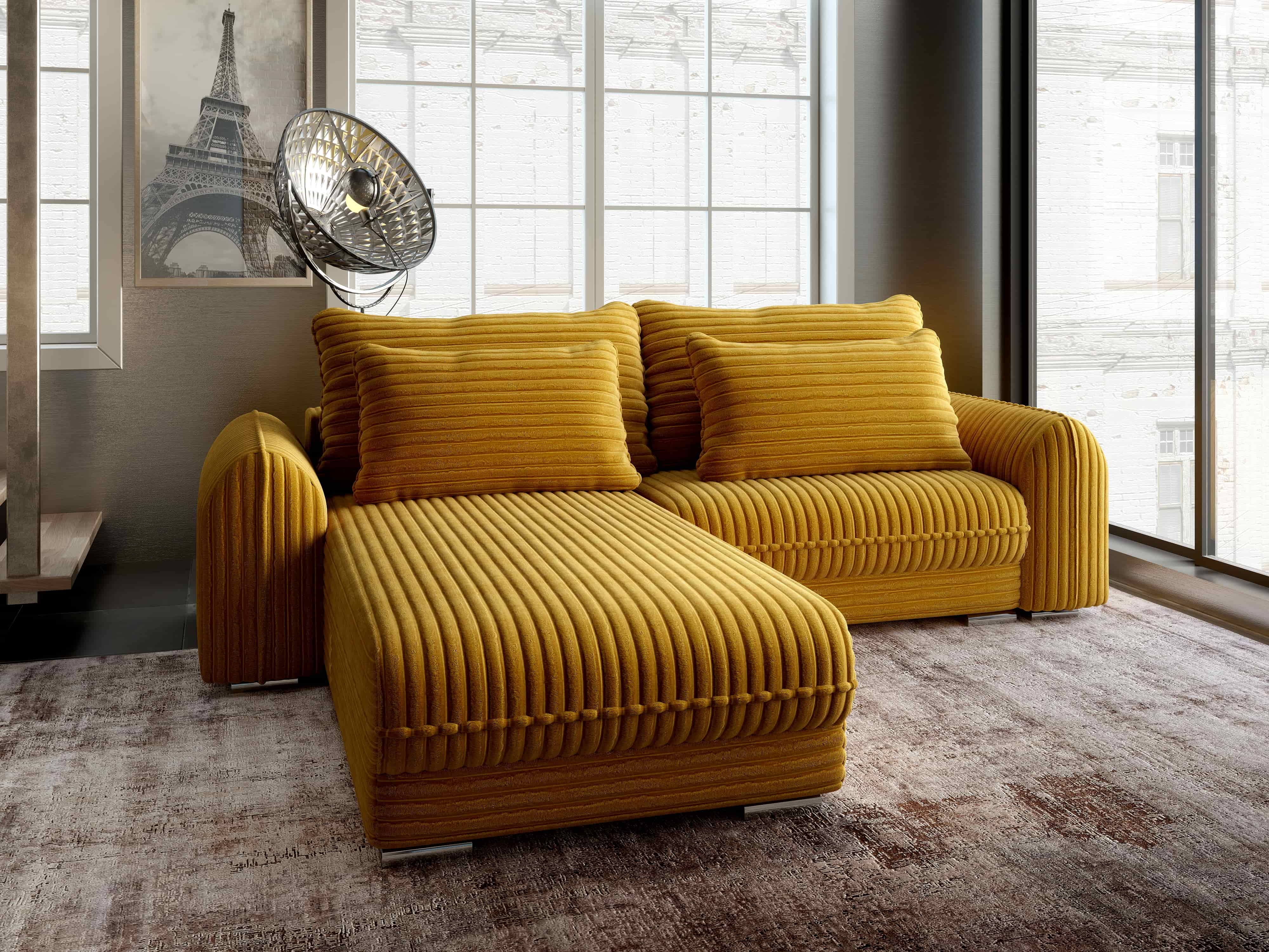 Colțar extensibil dumonde cu ladă de depozitare si sezut confortabil din spuma HR, Denver Ambience Mustar 275x185 cm Fabrica