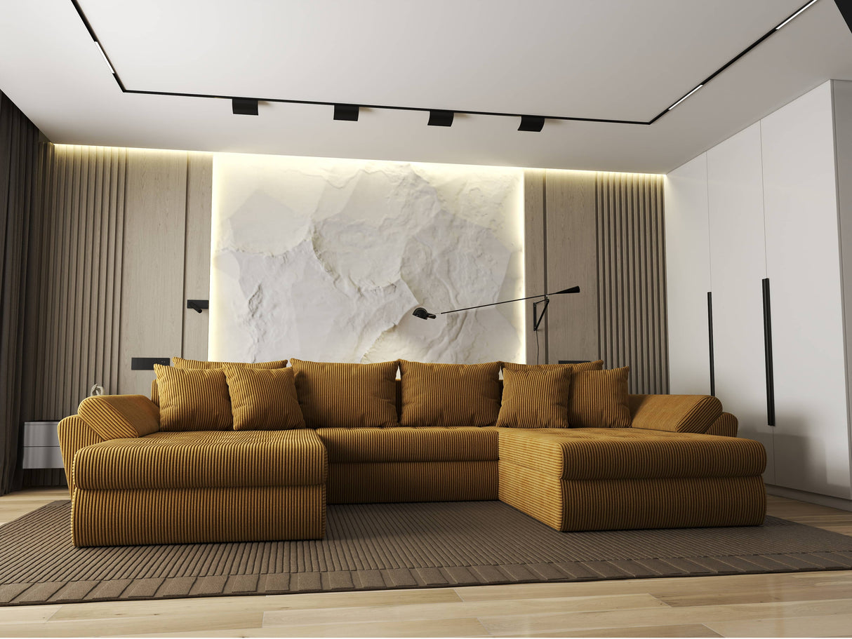 Colțar extensibil dumonde cu ladă de depozitare si sezut confortabil din spuma HR, Loana U Mustar Zoom 355x185 cm Fabrica