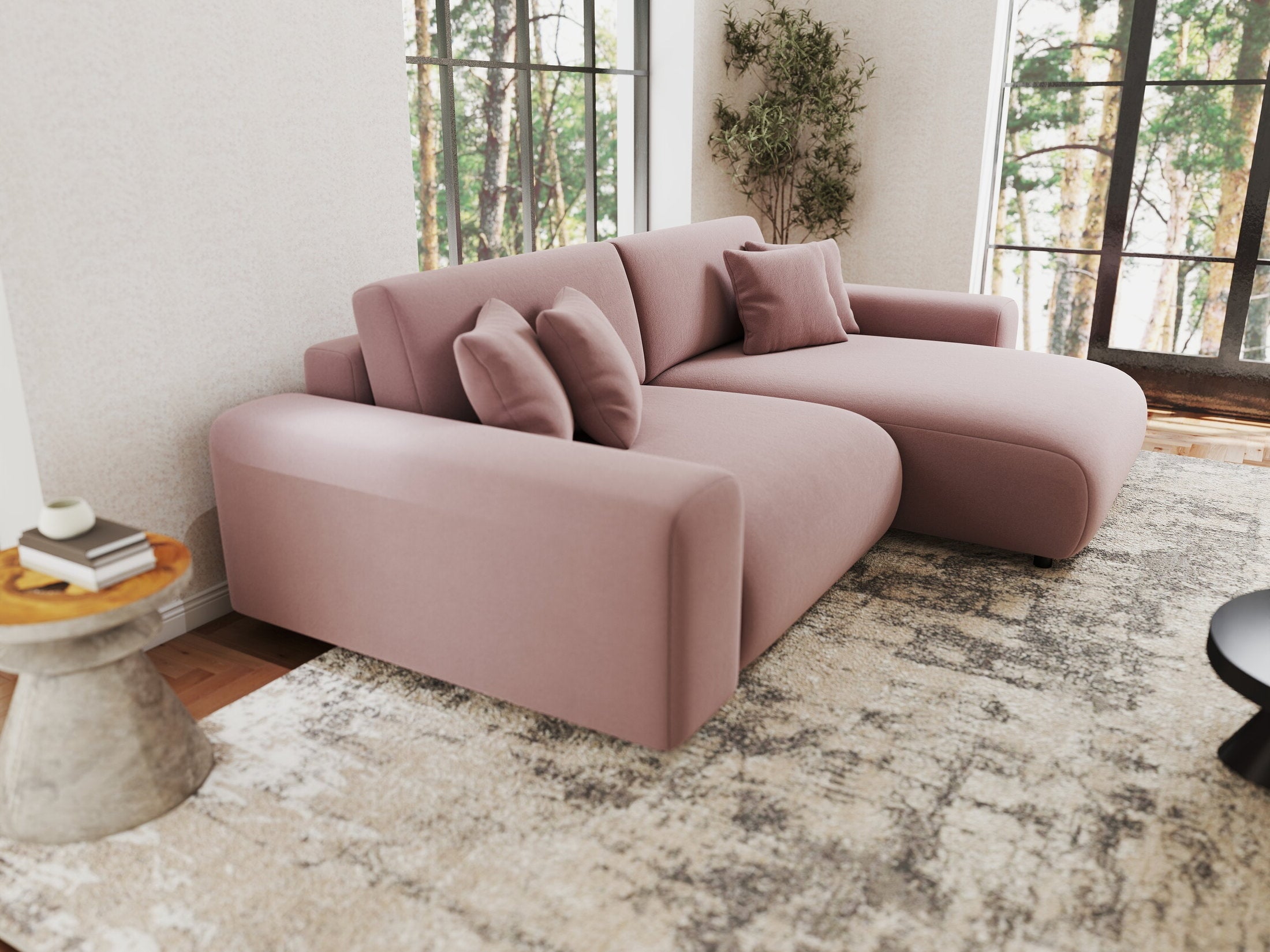 Colțar extensibil dumonde cu ladă de depozitare si sezut confortabil din spuma HR, Sarina Royal Roz 255x168 cm II