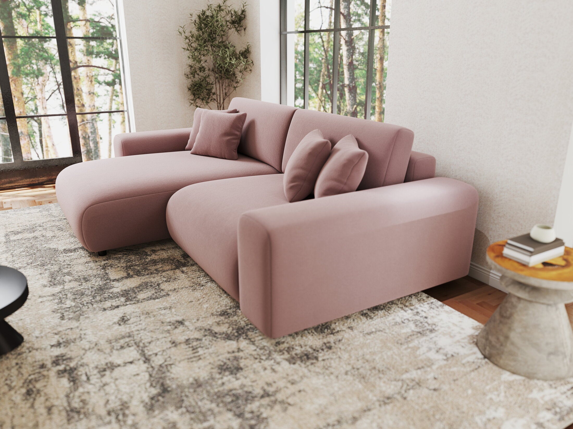 Colțar extensibil dumonde cu ladă de depozitare si sezut confortabil din spuma HR, Sarina Royal Roz 255x168 cm