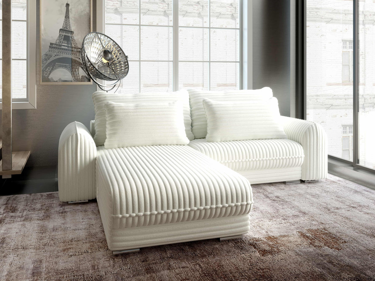 Colțar extensibil dumonde cu ladă de depozitare si sezut confortabil din spuma HR, Denver Ambience Alb 275x185 cm Fabrica