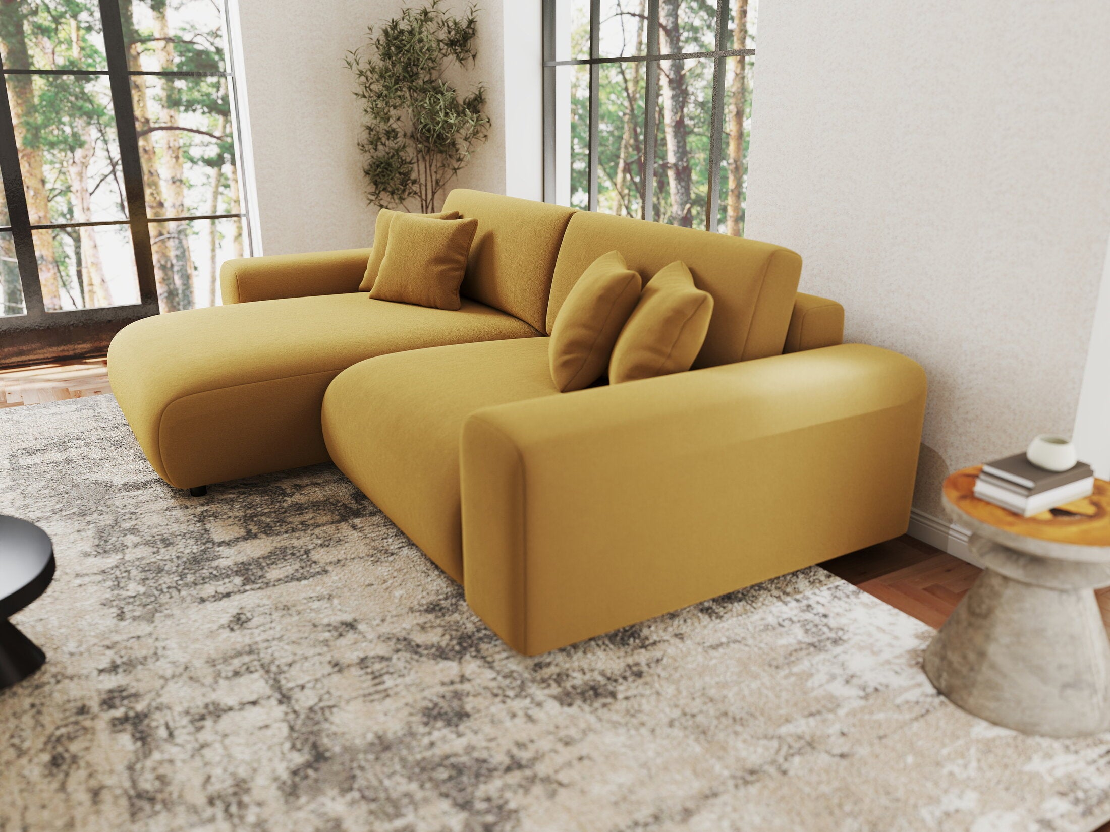 Colțar extensibil dumonde cu ladă de depozitare si sezut confortabil din spuma HR, Sarina Royal Mustar 255x168 cm