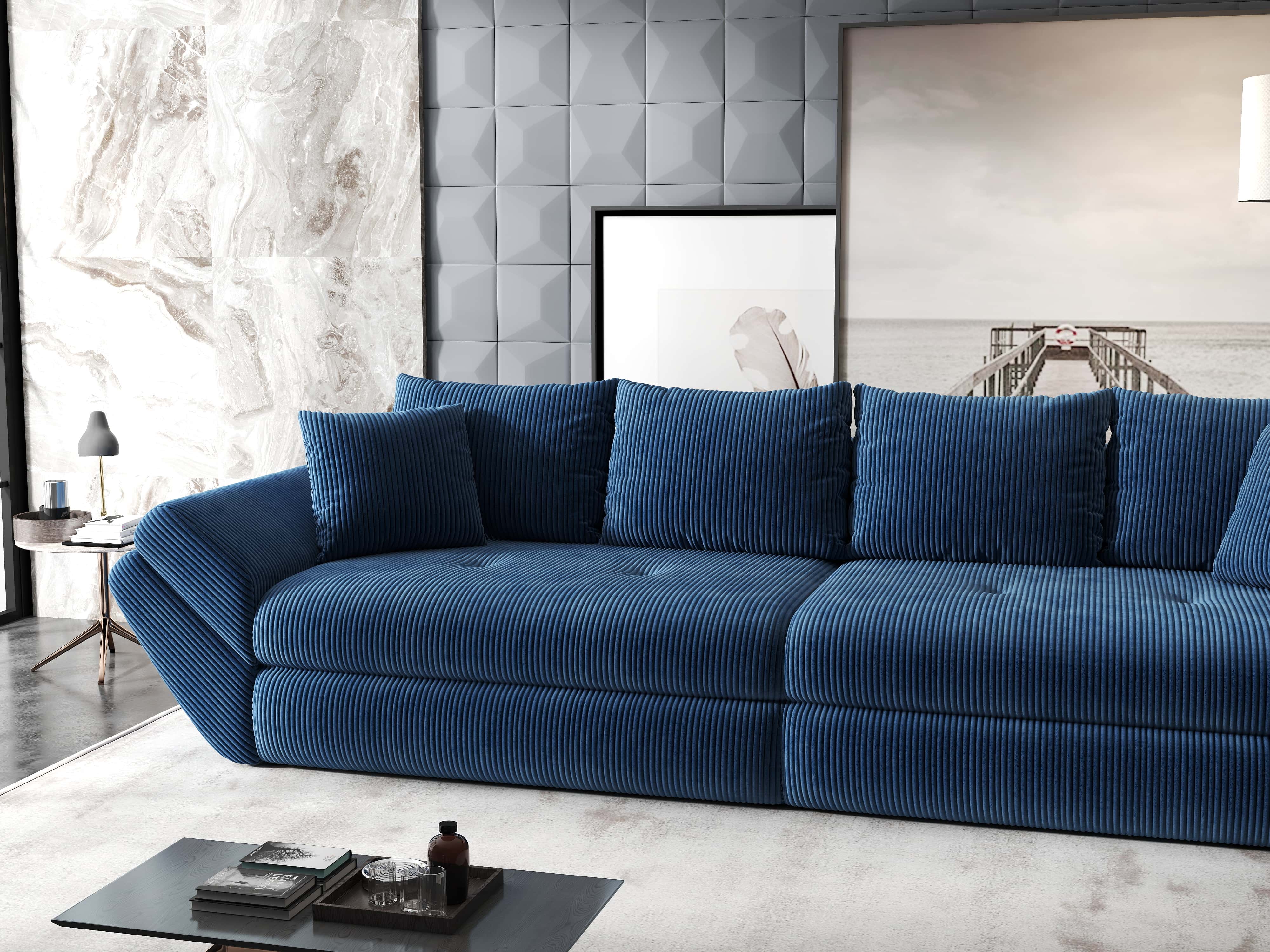 Canapea extensibilă dumonde cu ladă de depozitare si sezut confortabil din spuma HR, Loana Zoom Albastru 300x100 cm Fabrica