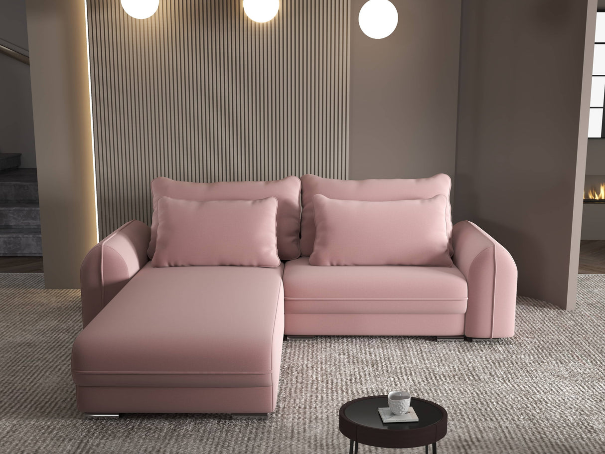 Colțar extensibil dumonde cu ladă de depozitare si sezut confortabil din spuma HR, Denver Royal Roz 275x185 cm Fabrica
