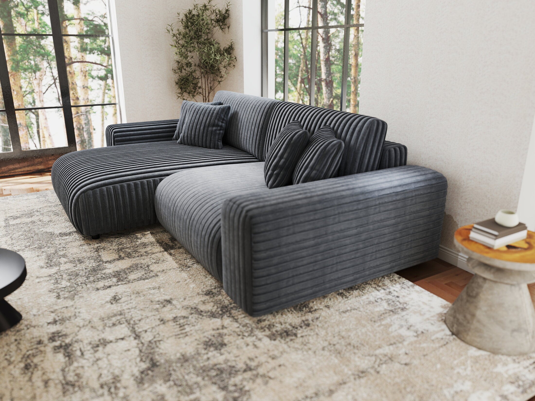 Colțar extensibil dumonde cu ladă de depozitare si sezut confortabil din spuma HR, Sarina Ambience Gri 255x168 cm