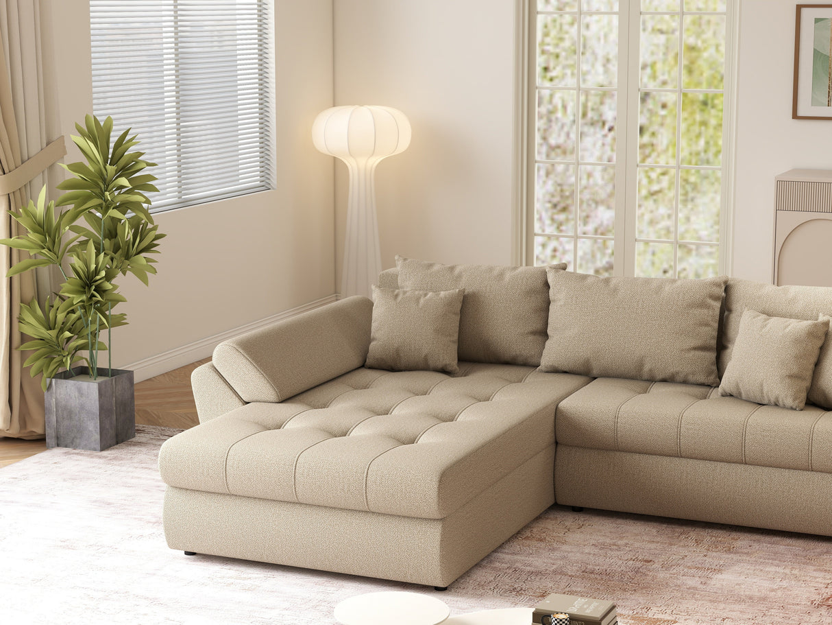Colțar extensibil dumonde cu ladă de depozitare si sezut confortabil din spuma HR, Loana Camel 270x185 cm Fabrica
