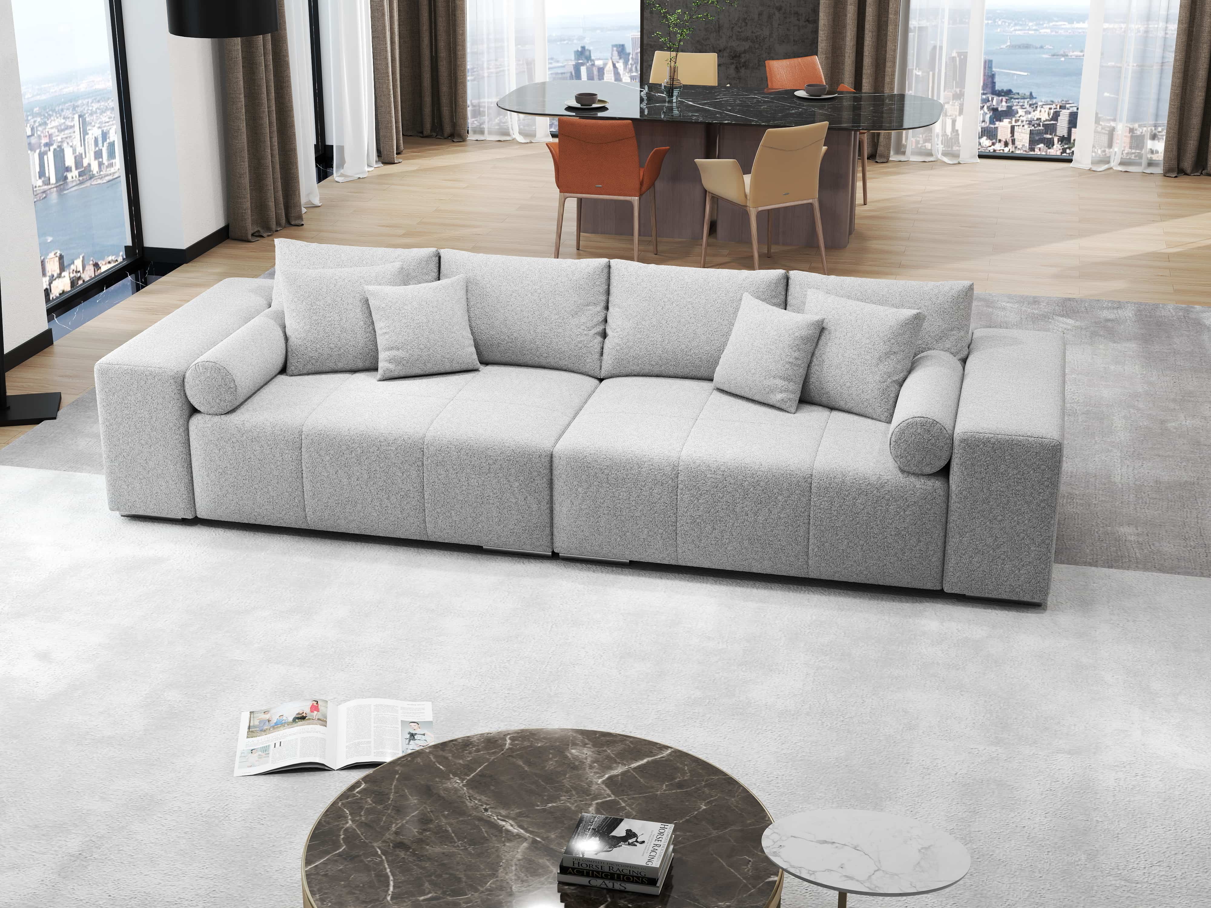 Canapea extensibilă dumonde cu ladă de depozitare si sezut confortabil din spuma HR, Marbela Enjoy Grey XXL 295x100 cm fabrica