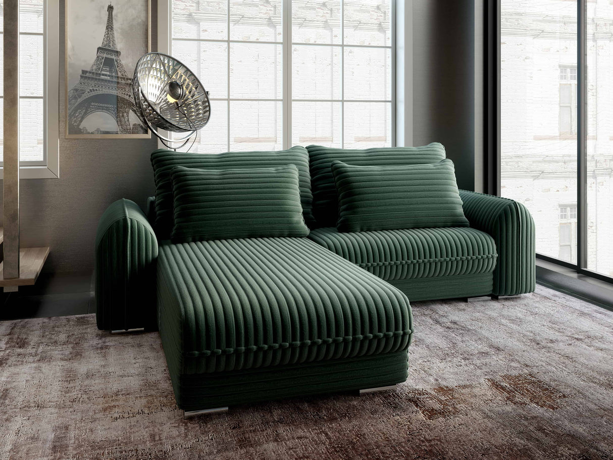 Colțar extensibil dumonde cu ladă de depozitare si sezut confortabil din spuma HR, Denver Ambience Verde 275x185 cm Fabrica