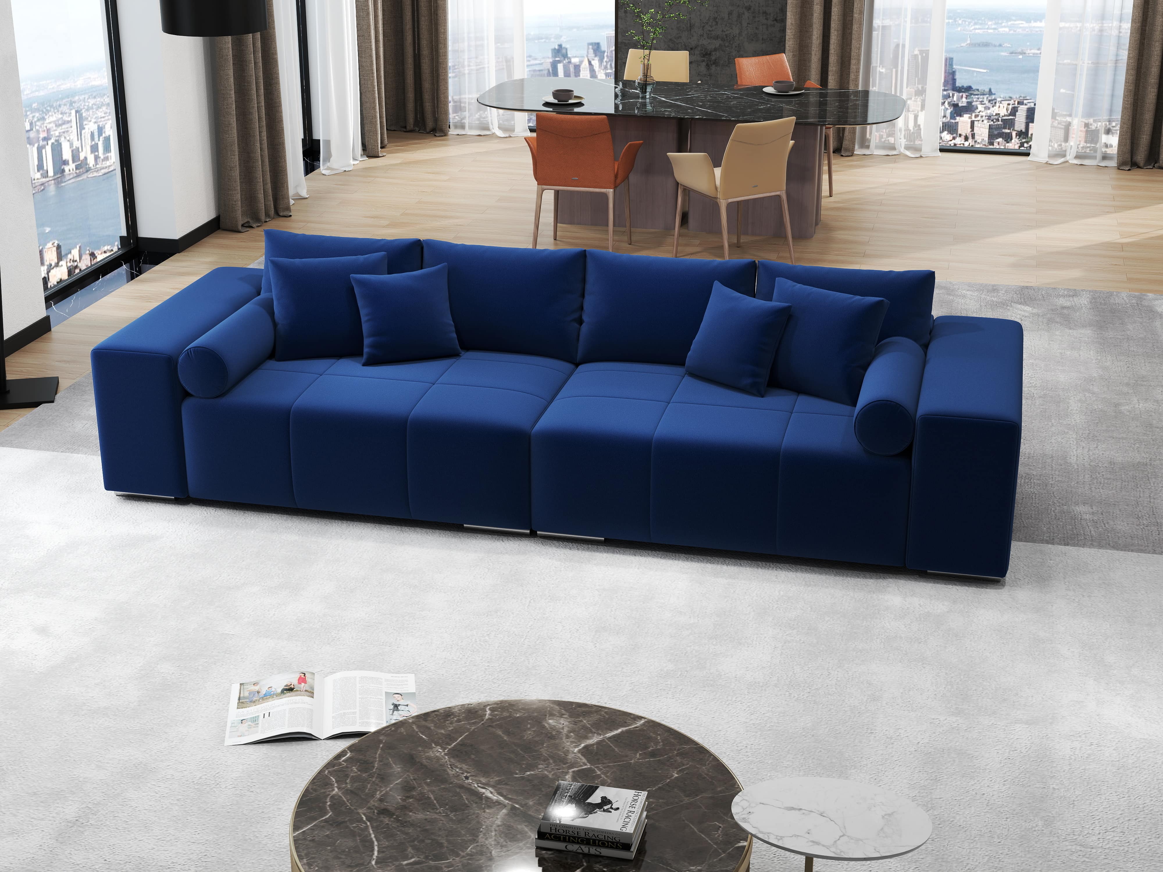 Canapea extensibilă dumonde cu ladă de depozitare si sezut confortabil din spuma HR, Marbela Royal Velvet Albastru XXL 295x100 cm fabrica