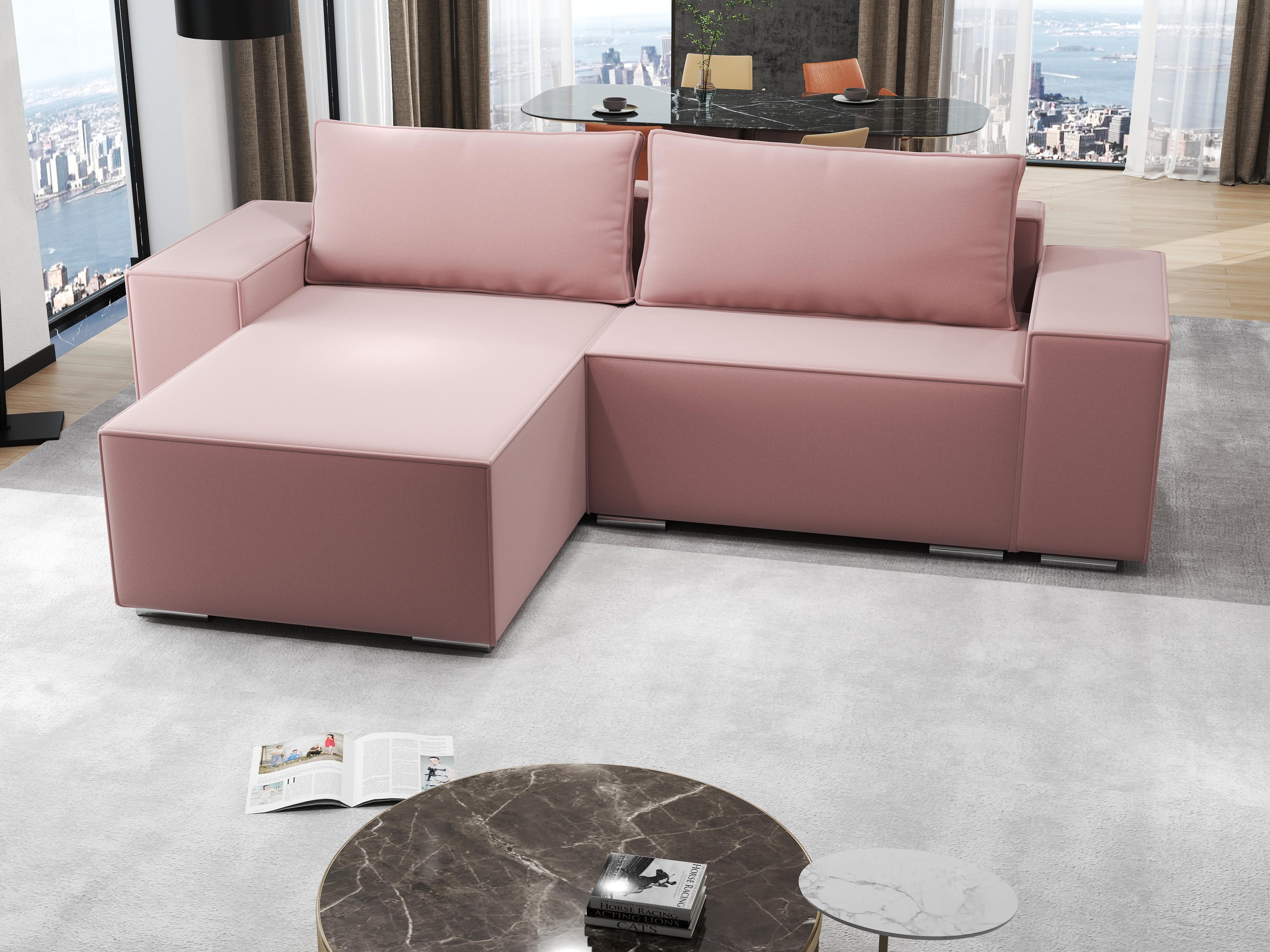 Colțar extensibil dumonde cu ladă de depozitare si sezut confortabil din spuma HR, Dream Royal Roz 290x185 cm Fabrica