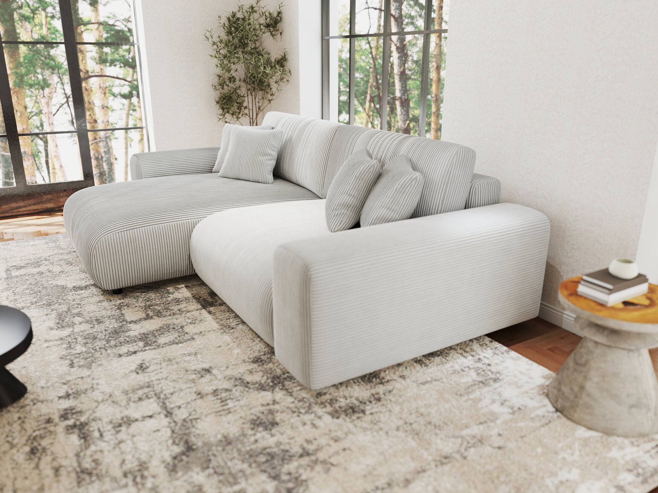 Colțar extensibil dumonde cu ladă de depozitare si sezut confortabil din spuma HR, Sarina Zoom Gri 255x168 cm