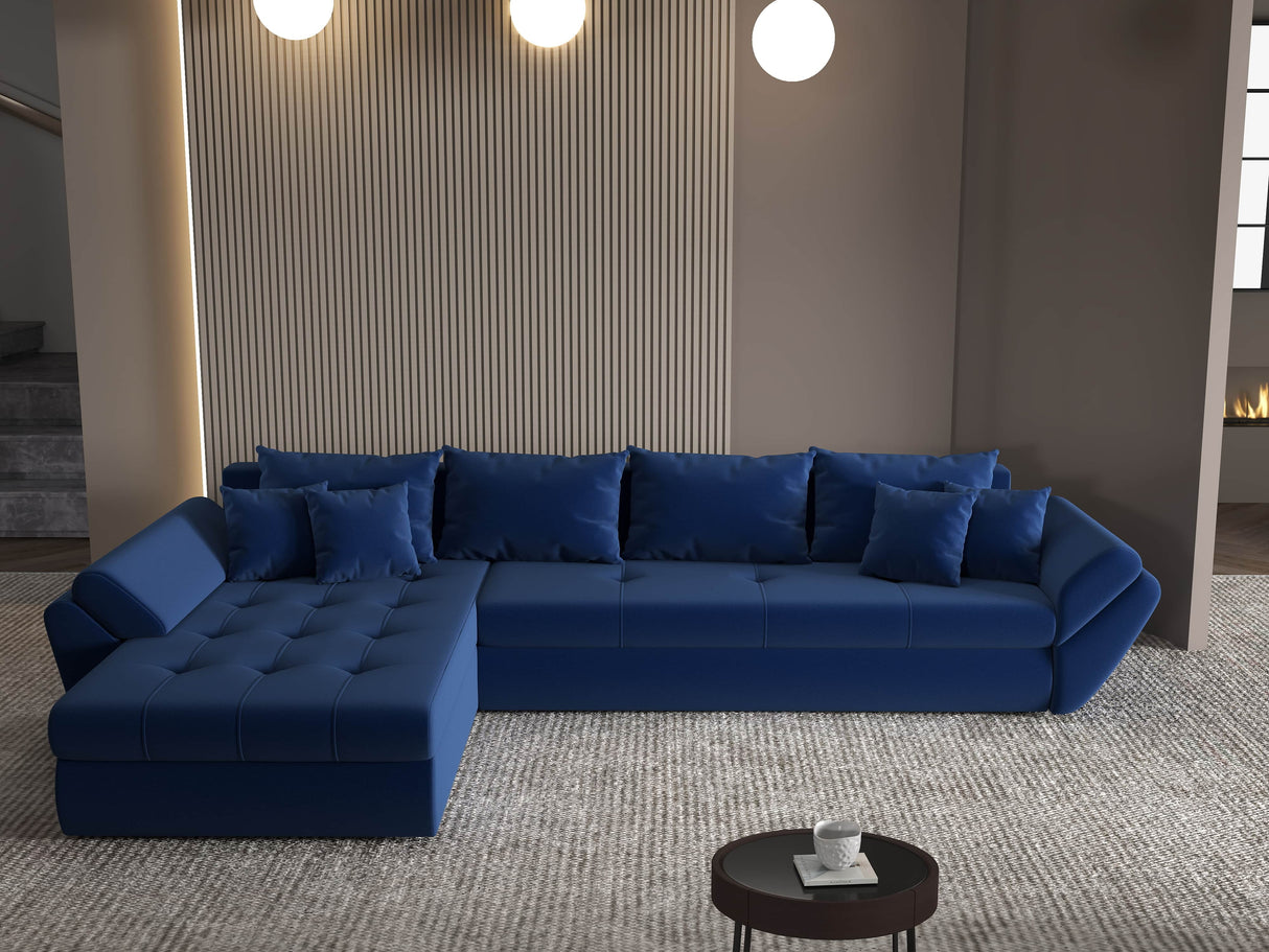 Colțar extensibil dumonde cu ladă de depozitare si sezut confortabil din spuma HR, Loana XL Royal Albastru 335x185 cm Fabrica