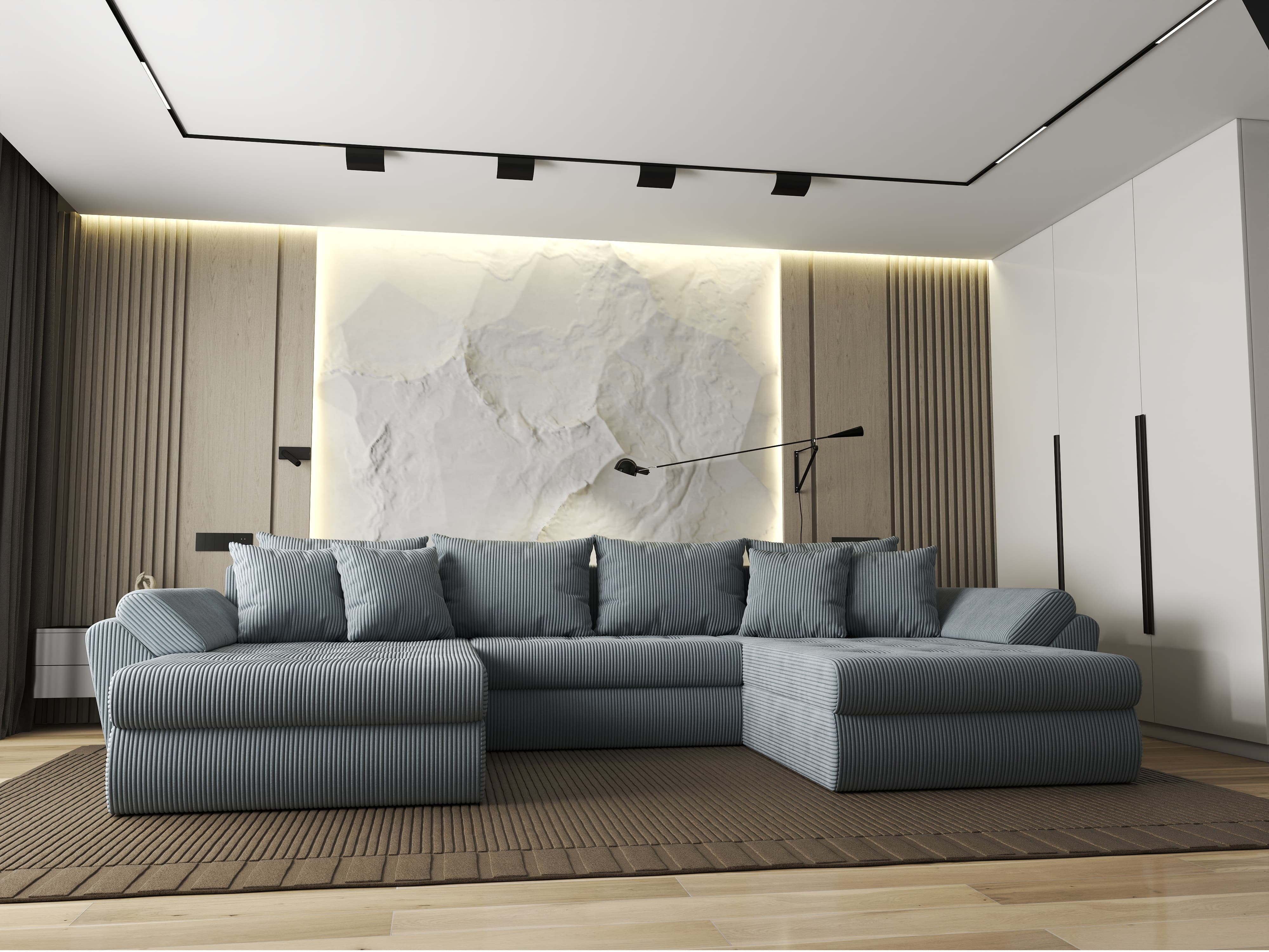 Colțar extensibil dumonde cu ladă de depozitare si sezut confortabil din spuma HR, Loana U Gri Zoom 355x185 cm Fabrica