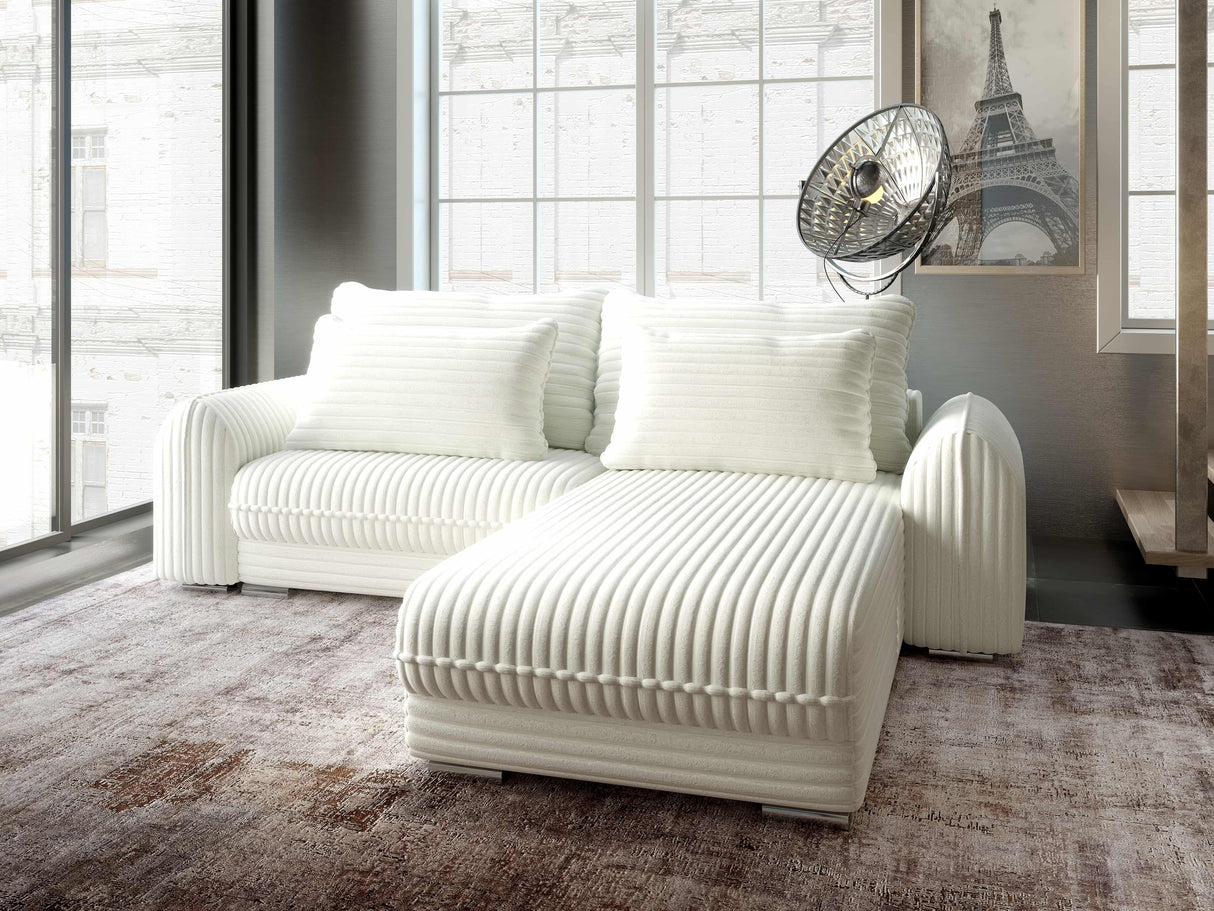 Colțar extensibil dumonde cu ladă de depozitare si sezut confortabil din spuma HR, Denver Ambience Alb 275x185 cm II Fabrica