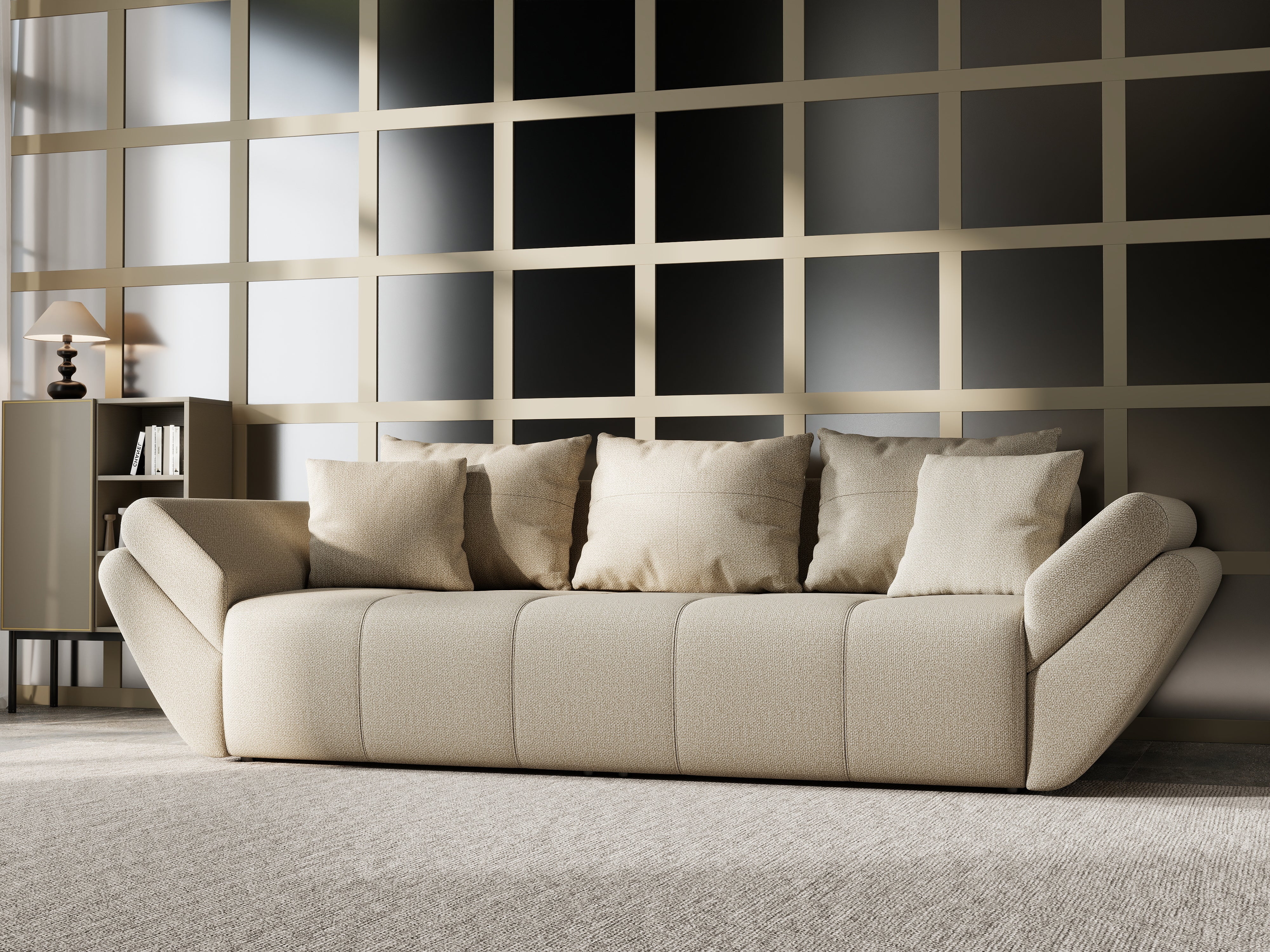 Canapea extensibilă dumonde cu ladă de depozitare si sezut confortabil din spuma HR, Berlin Bej 250x100 cm Fabrica