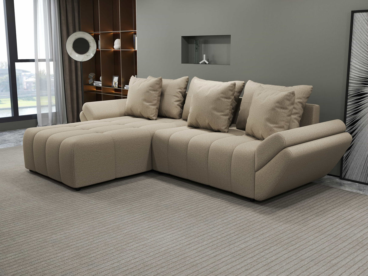 Colțar extensibil dumonde cu ladă de depozitare si sezut confortabil din spuma HR, Berlin Enjoy Beige 280x185 cm Fabrica