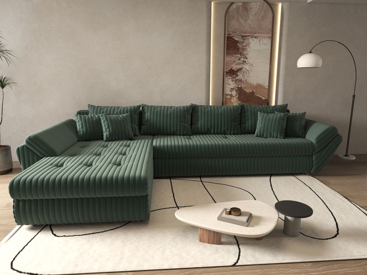 Colțar extensibil dumonde cu ladă de depozitare si sezut confortabil din spuma HR, Loana XL Ambience Verde 335x185 cm Fabrica