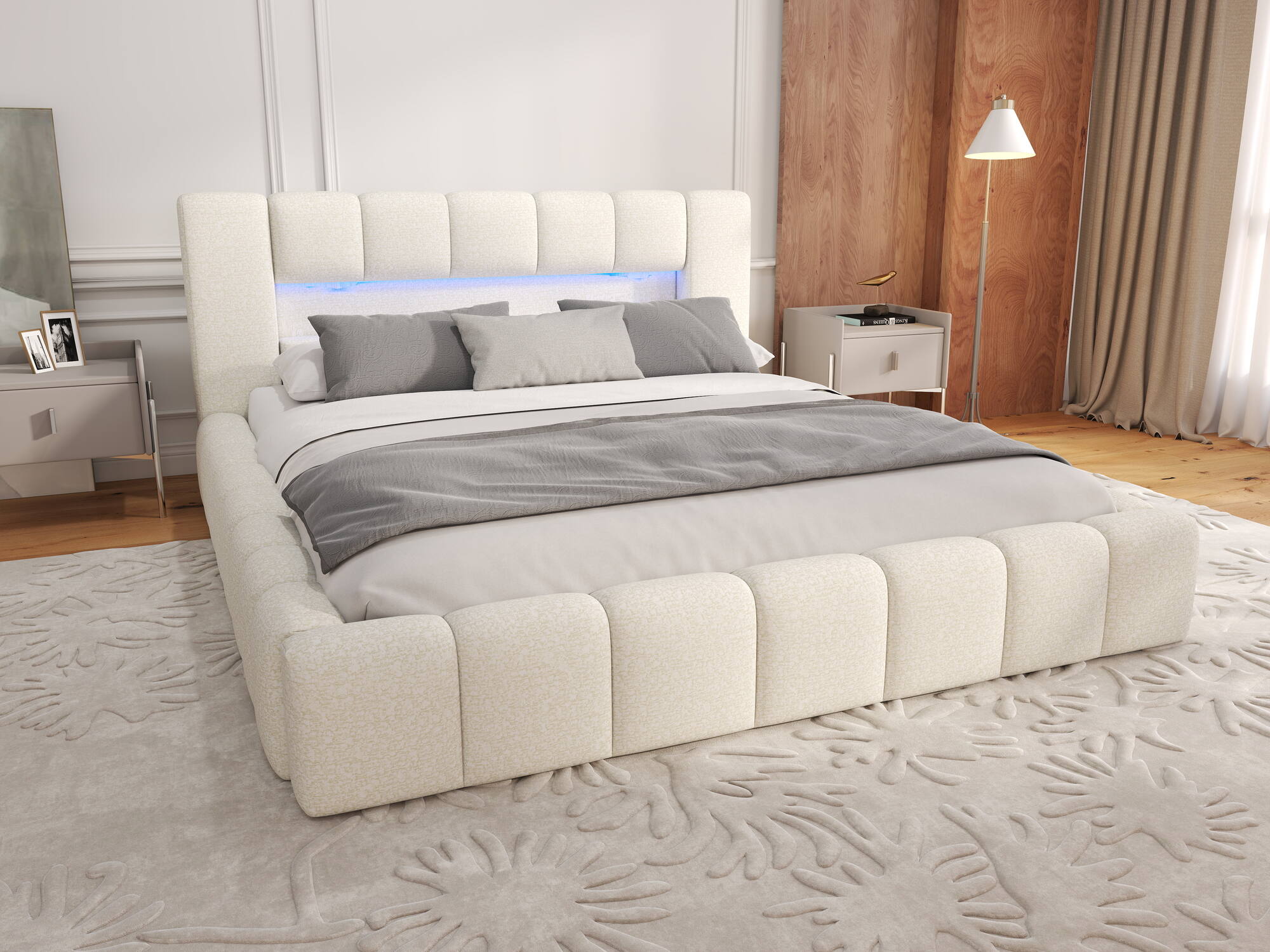 Pat dormitor dumonde, tapitat bej, Palermo 180x200 cm, somiera rabatabila inclusa, spatiu depozitare