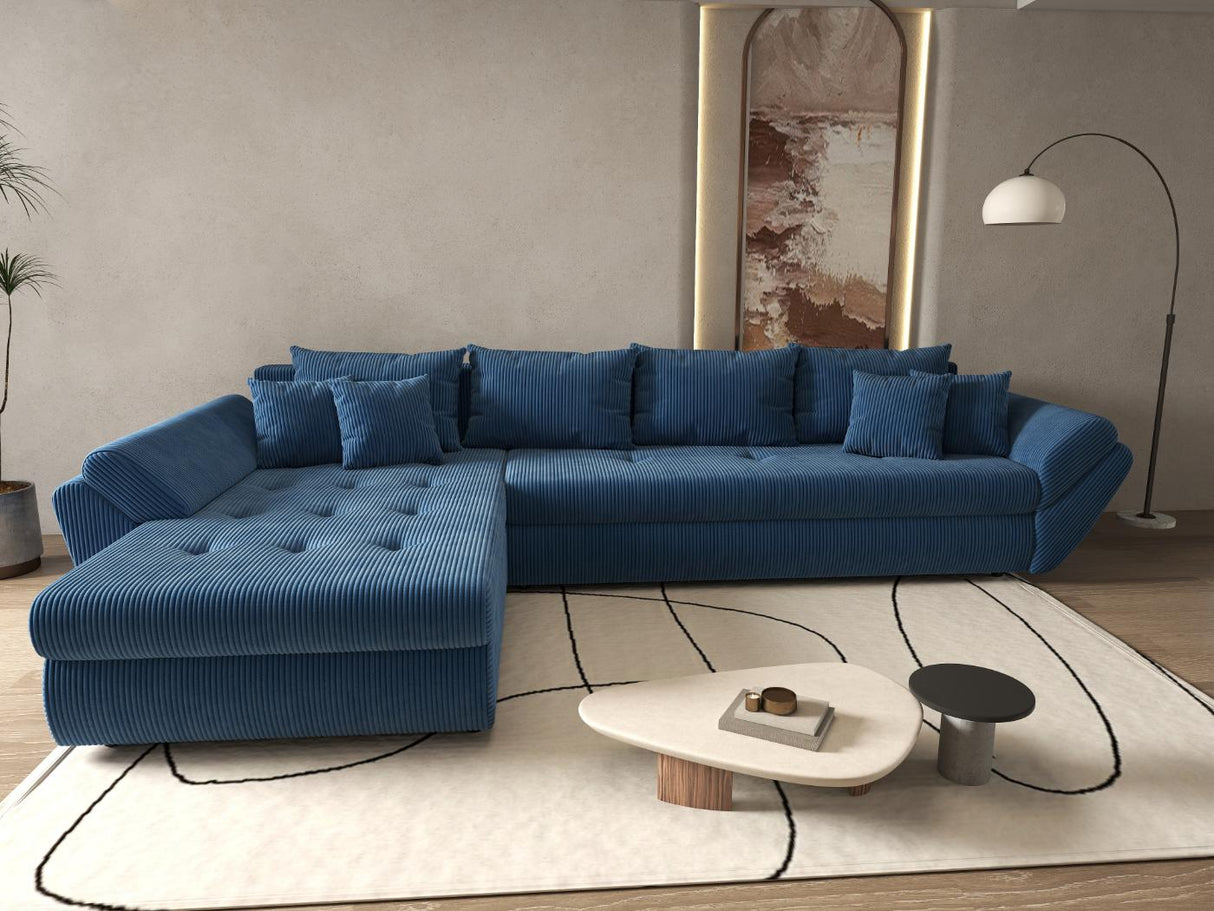 Colțar extensibil dumonde cu ladă de depozitare si sezut confortabil din spuma HR, Loana XL Zoom Albastru 335x185 cm Fabrica