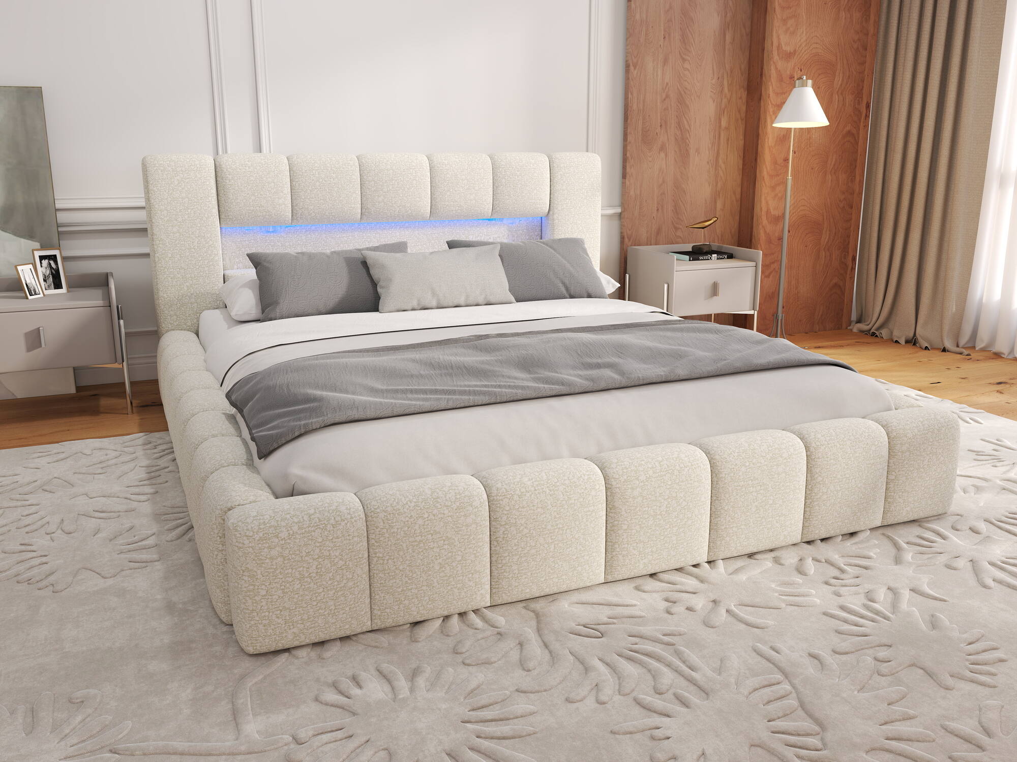 Pat dormitor dumonde, tapitat bej, Palermo 180x200 cm, somiera rabatabila inclusa, spatiu depozitare