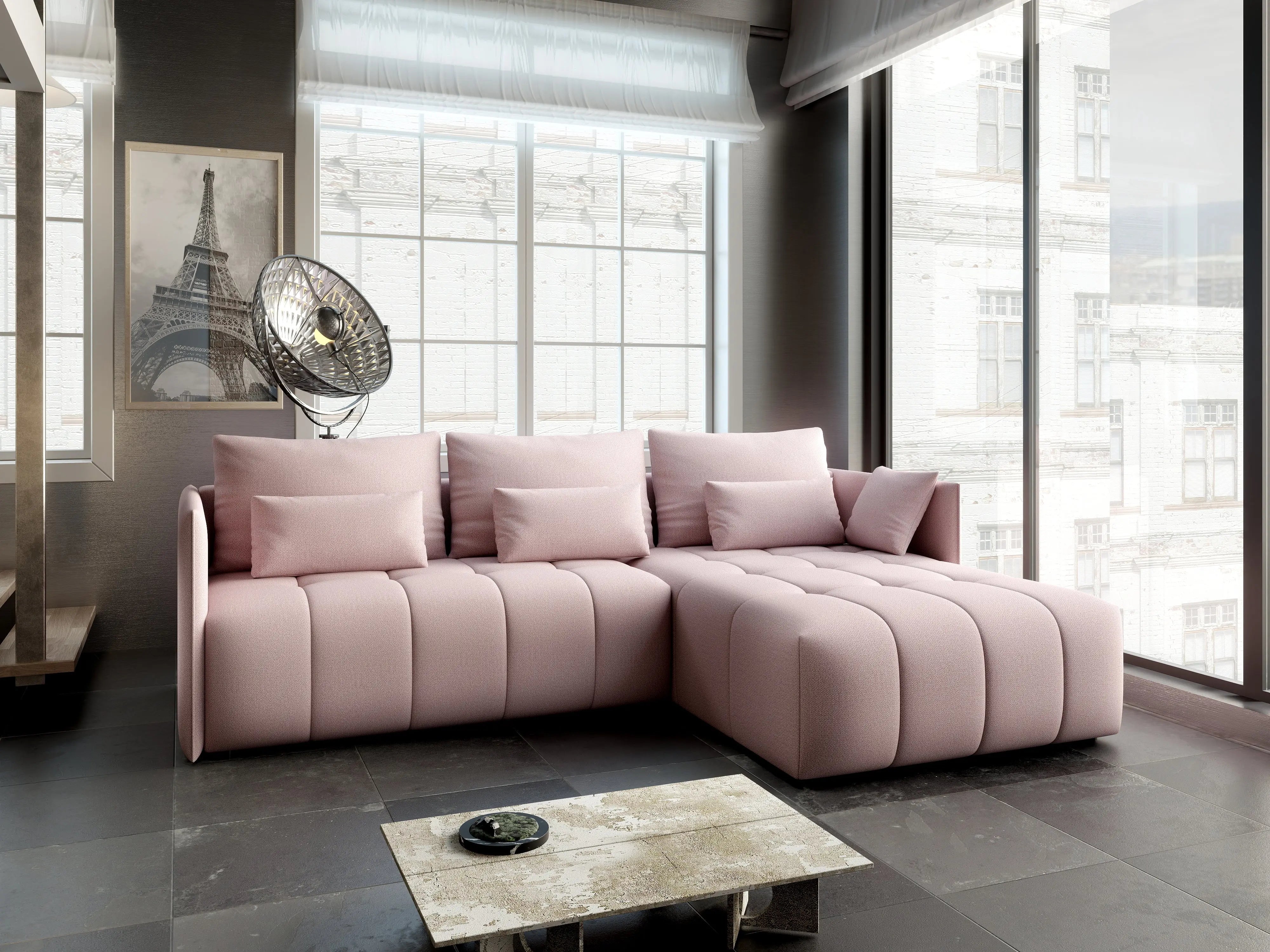 Colțar extensibil dumonde cu ladă de depozitare si sezut confortabil din spuma HR, Malta Rosa II 235x185 cm Fabrica