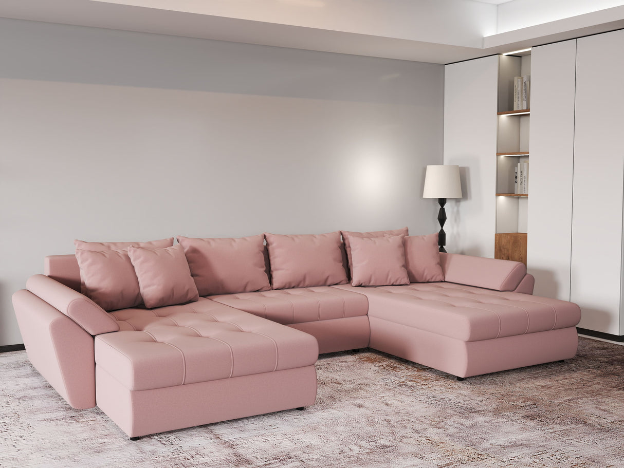 Colțar extensibil dumonde cu ladă de depozitare si sezut confortabil din spuma HR, Loana Royal Roz U 355x185 cm Fabrica