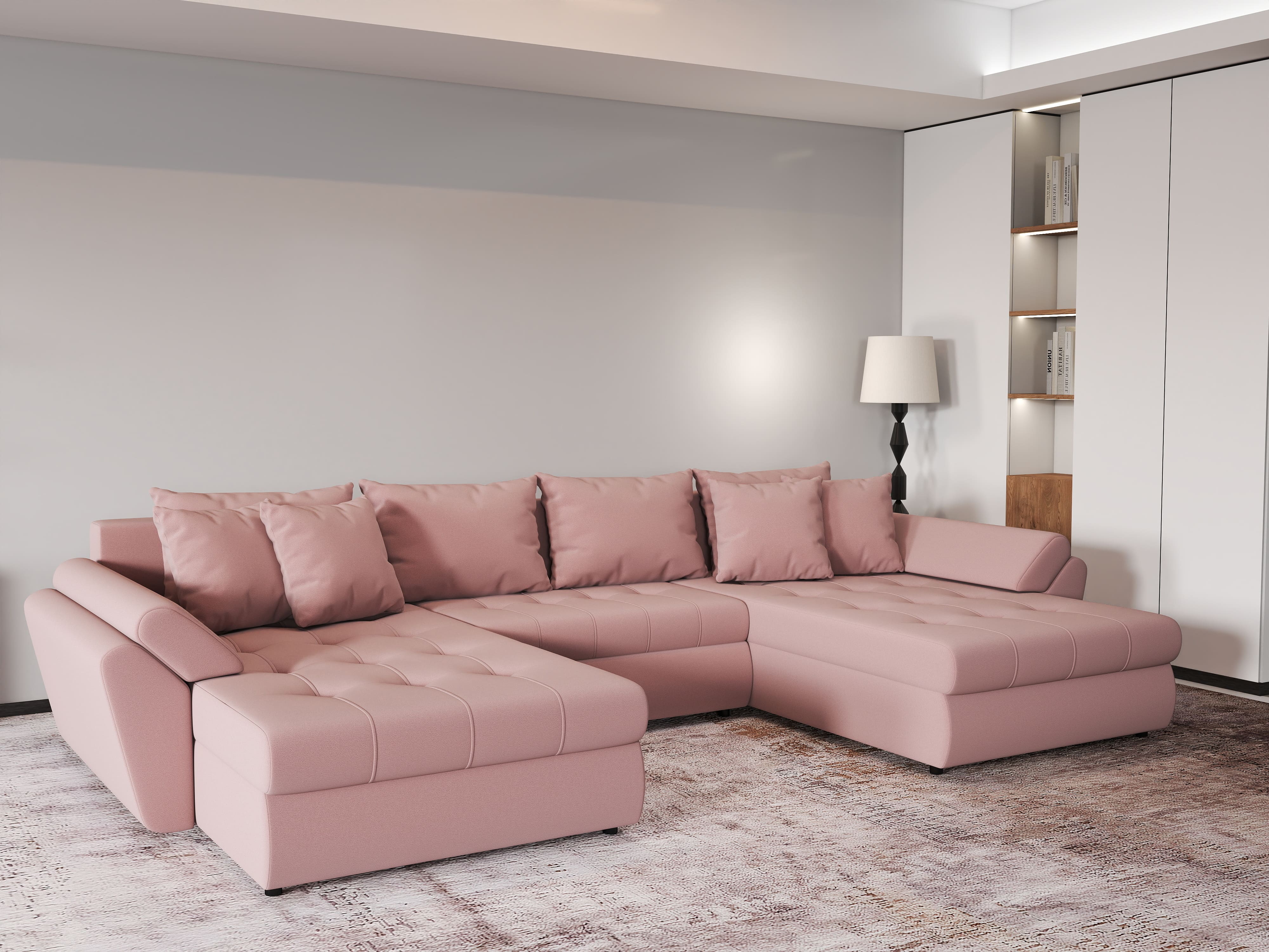Colțar extensibil dumonde cu ladă de depozitare si sezut confortabil din spuma HR, Loana Royal Roz U 355x185 cm Fabrica