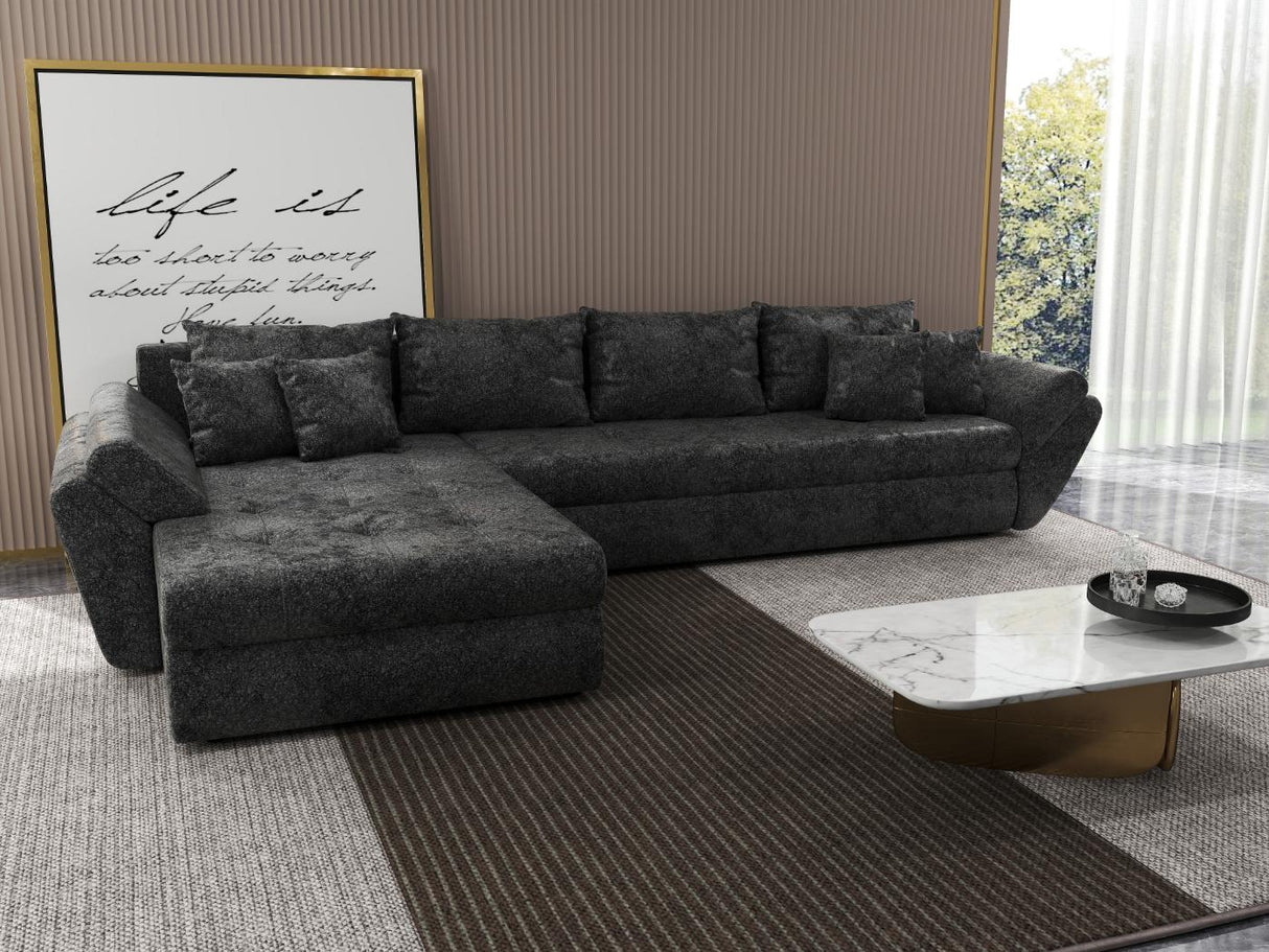 Colțar extensibil dumonde cu ladă de depozitare si sezut confortabil din spuma HR, Loana XL Euphoria Negru 335x185 cm Fabrica