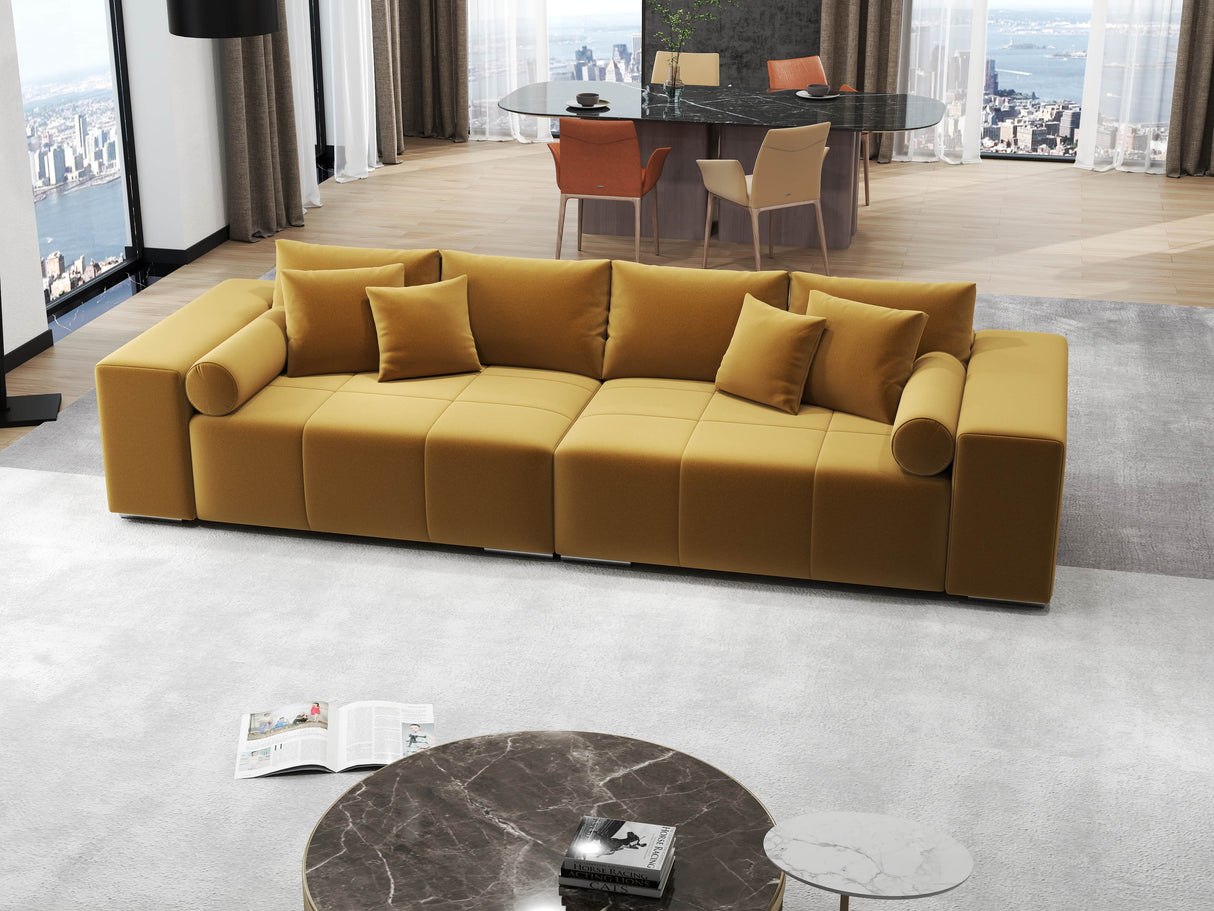 Canapea extensibilă dumonde cu ladă de depozitare si sezut confortabil din spuma HR, Marbela Royal Mustar XXL 295x100 cm fabrica