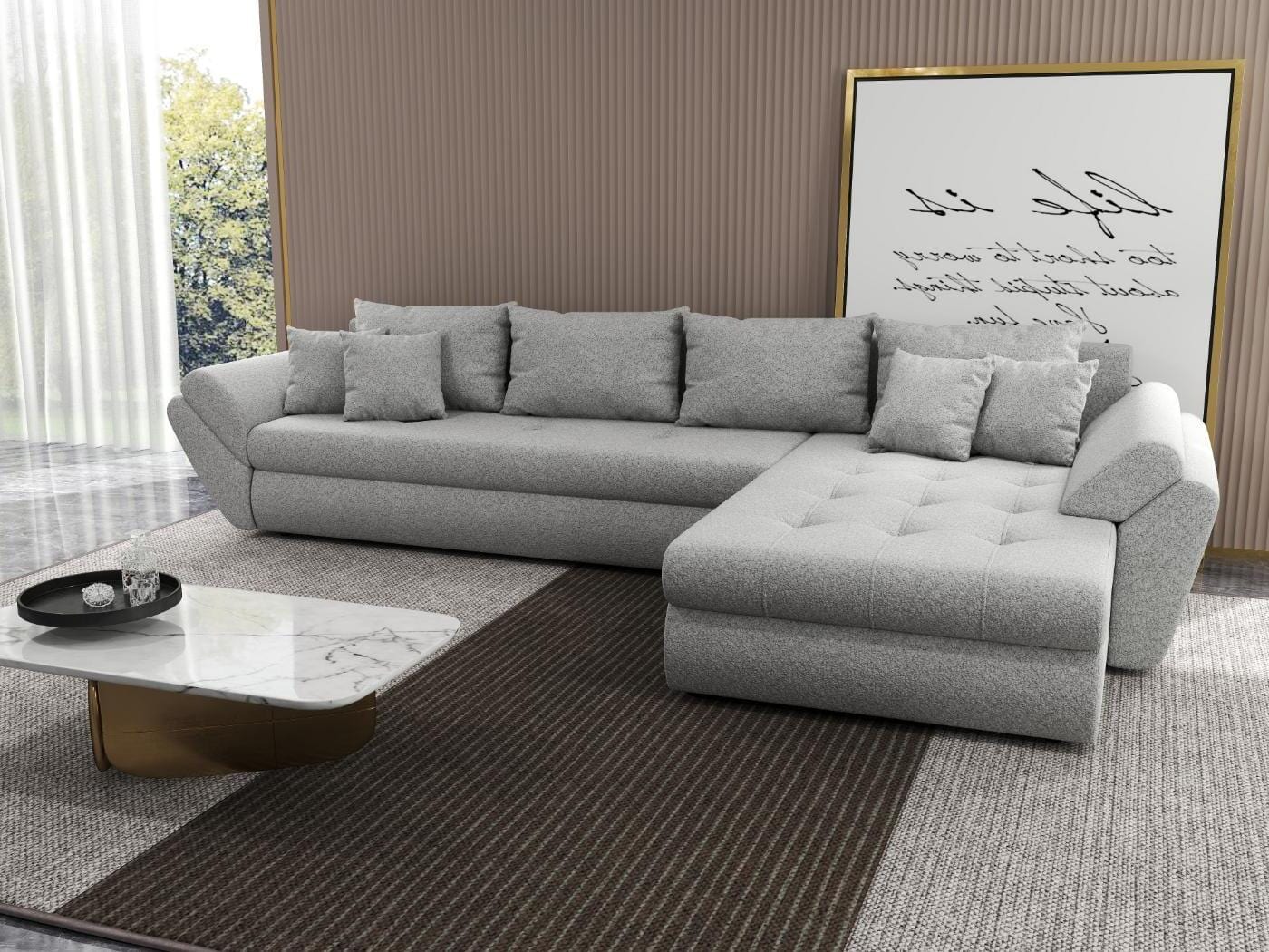 Colțar extensibil dumonde cu ladă de depozitare si sezut confortabil din spuma HR, Loana XL Euphoria Dove II 335x185 cm Fabrica