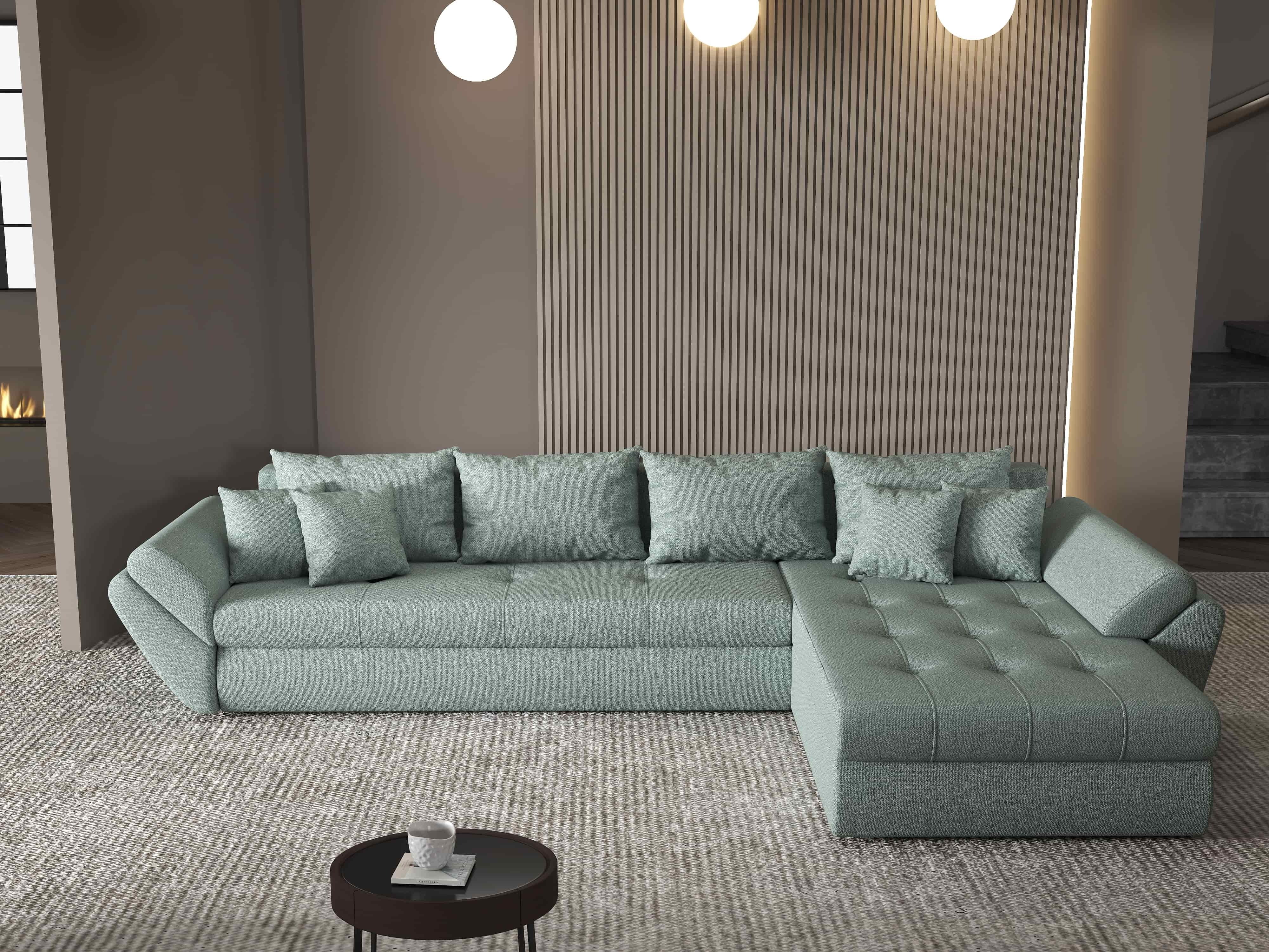 Colțar extensibil dumonde cu ladă de depozitare si sezut confortabil din spuma HR, Loana XL Enjoy Mint II 335x185 cm Fabrica