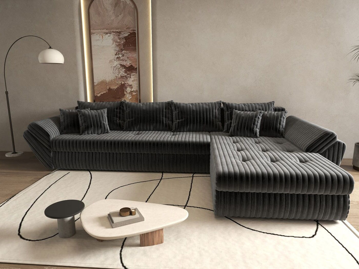 Colțar extensibil dumonde cu ladă de depozitare si sezut confortabil din spuma HR, Loana XL Ambience Gri II 335x185 cm Fabrica