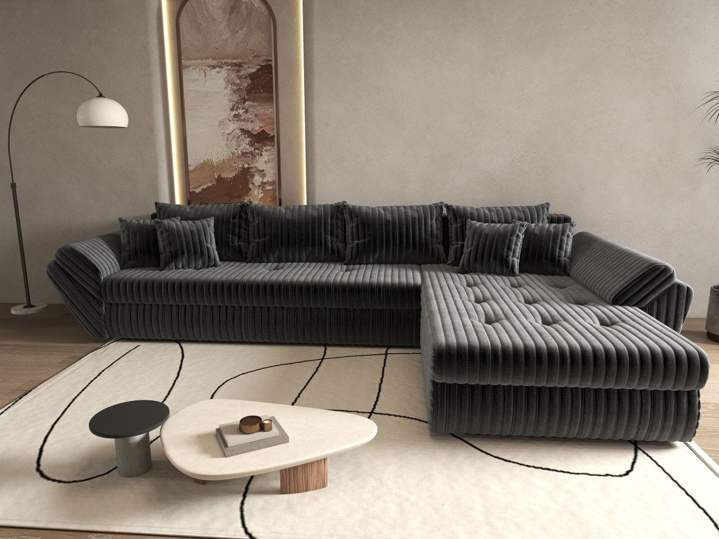 Colțar extensibil dumonde cu ladă de depozitare si sezut confortabil din spuma HR, Loana XL Ambience Gri II 335x185 cm Fabrica