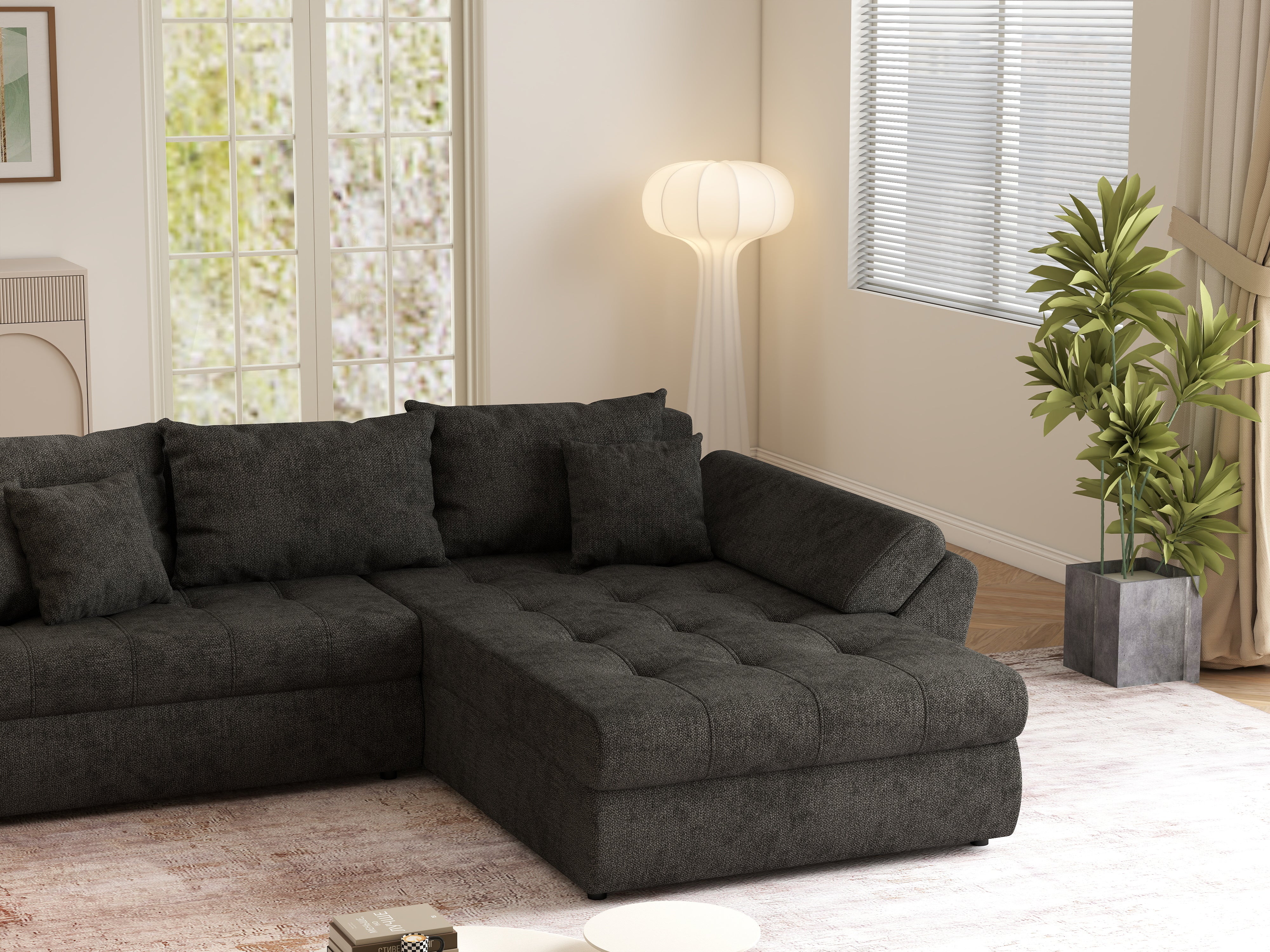 Colțar extensibil dumonde cu ladă de depozitare si sezut confortabil din spuma HR, Loana Negru 270x185 cm Fabrica