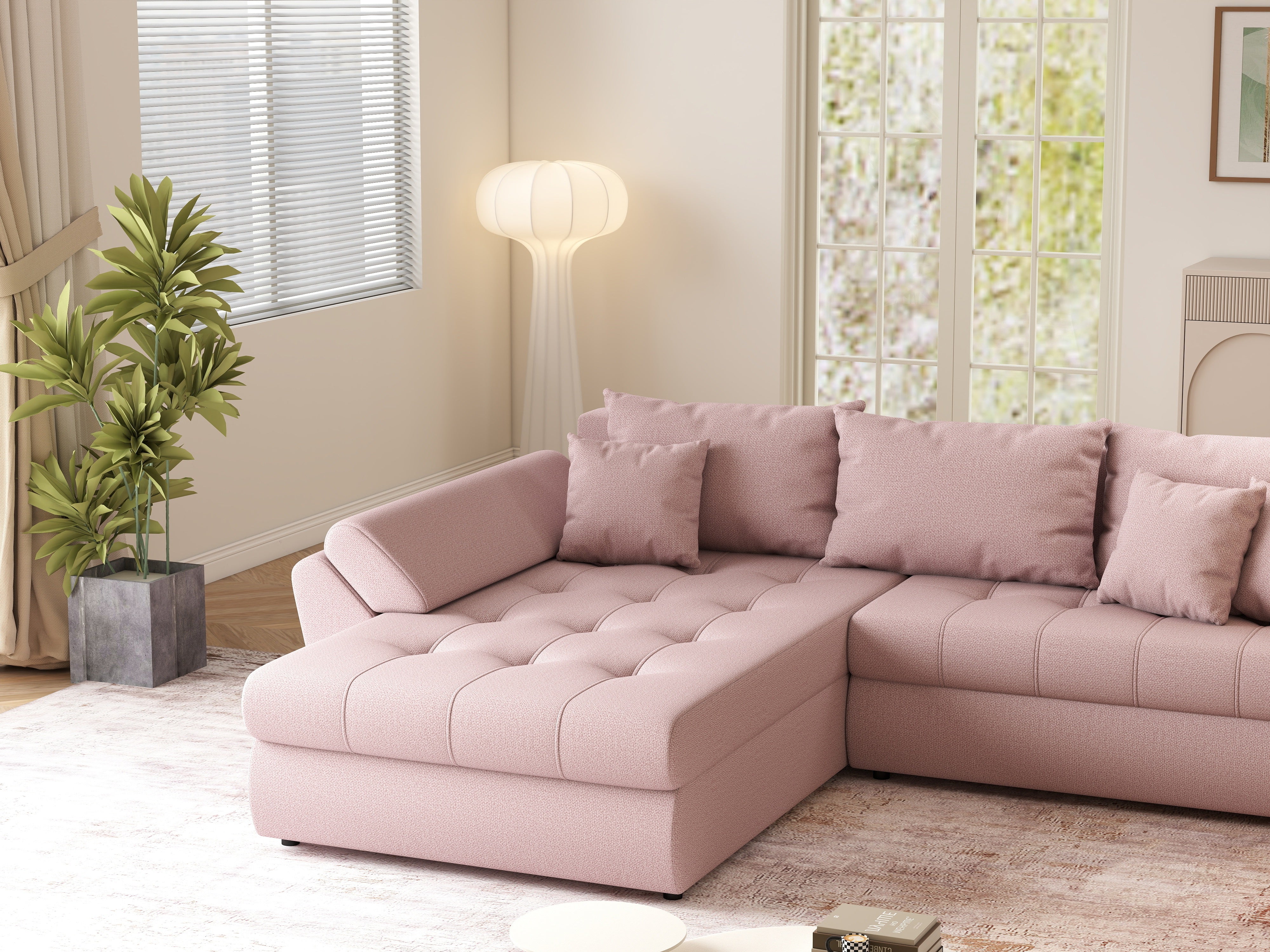 Colțar extensibil dumonde cu ladă de depozitare si sezut confortabil din spuma HR, Loana Roz 270x185 cm Fabrica