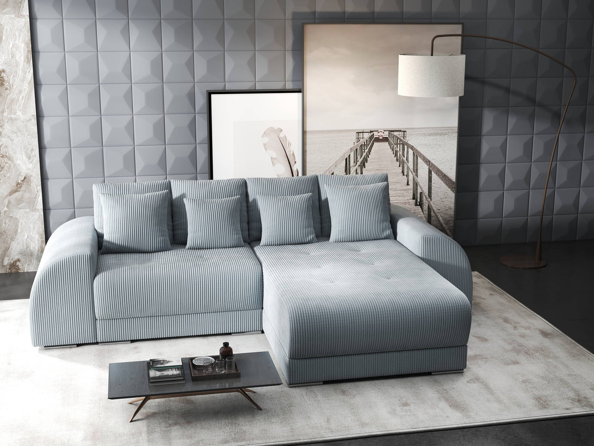 Colțar extensibil dumonde cu ladă de depozitare si sezut confortabil din spuma HR, Verona Zoom Gri Mint II 290x185 cm Fabrica