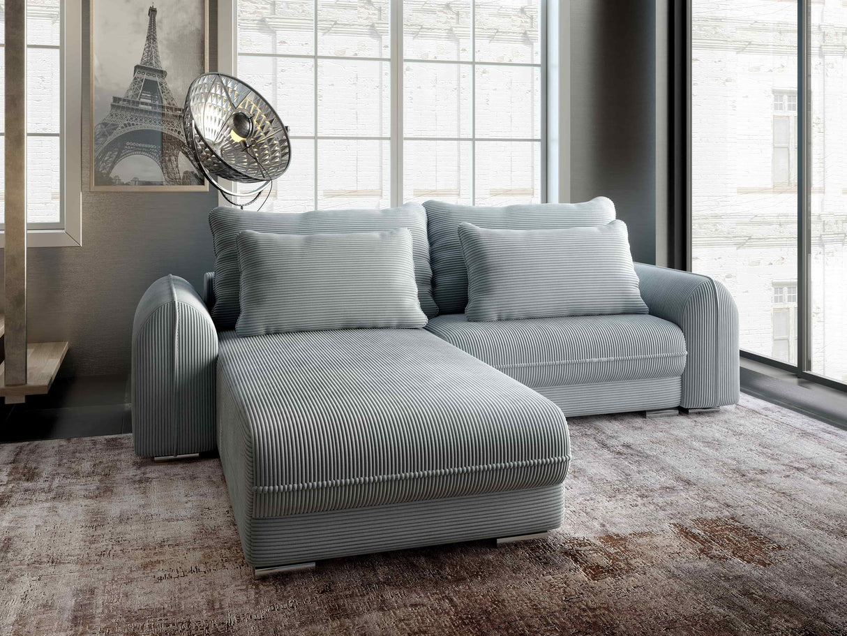 Colțar extensibil dumonde cu ladă de depozitare si sezut confortabil din spuma HR, Denver Zoom Gri Mint 275x185 cm Fabrica