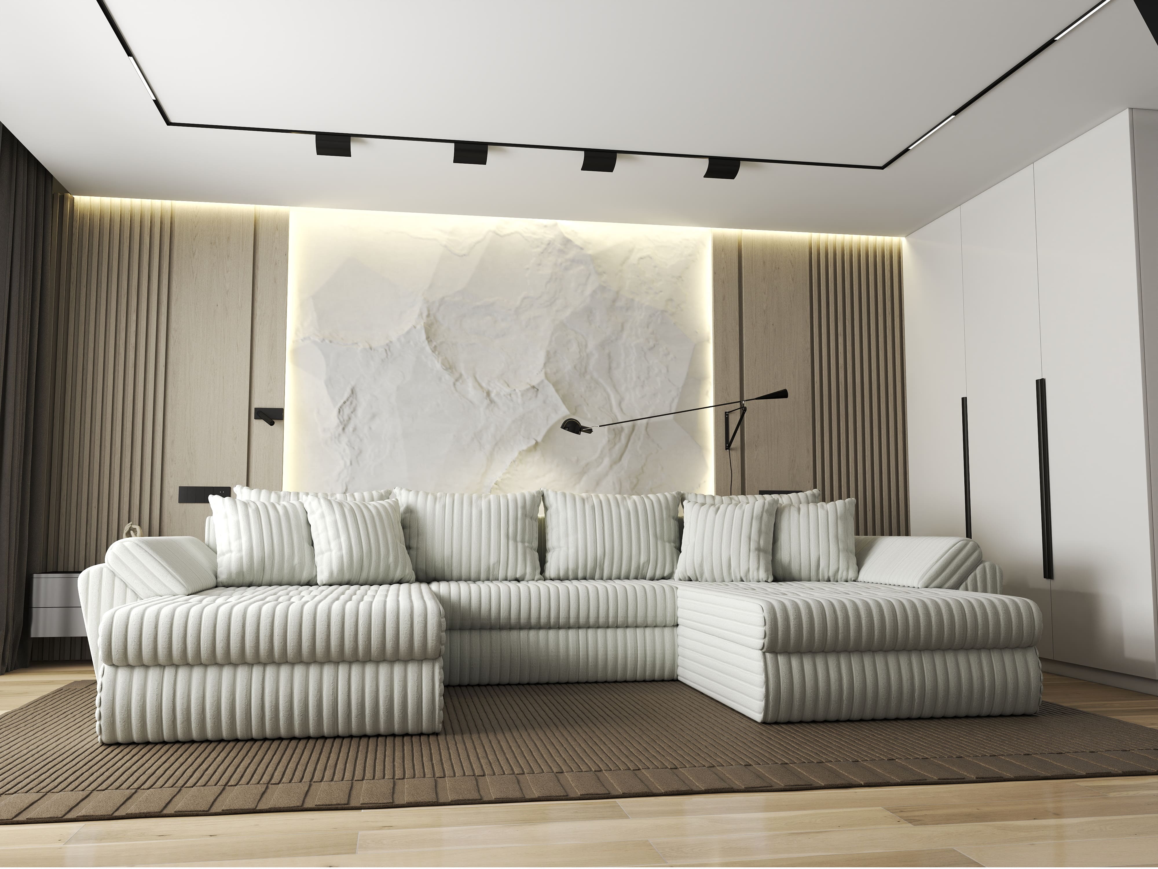 Colțar extensibil dumonde cu ladă de depozitare si sezut confortabil din spuma HR, Loana U Bej Ambience 355x185 cm Fabrica
