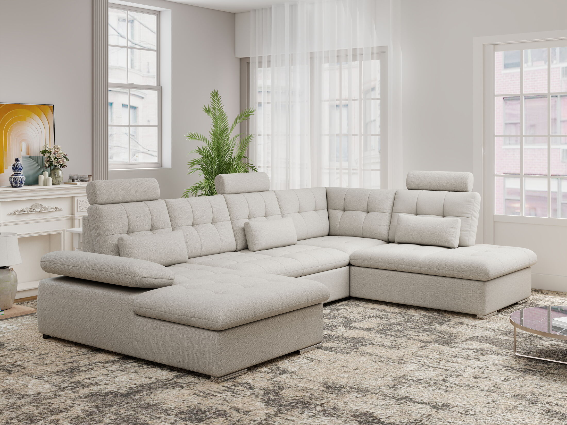 Colțar extensibil dumonde cu ladă de depozitare și șezut confortabil din spumă HR, Merkur U Enjoy Bej 324x218 cm