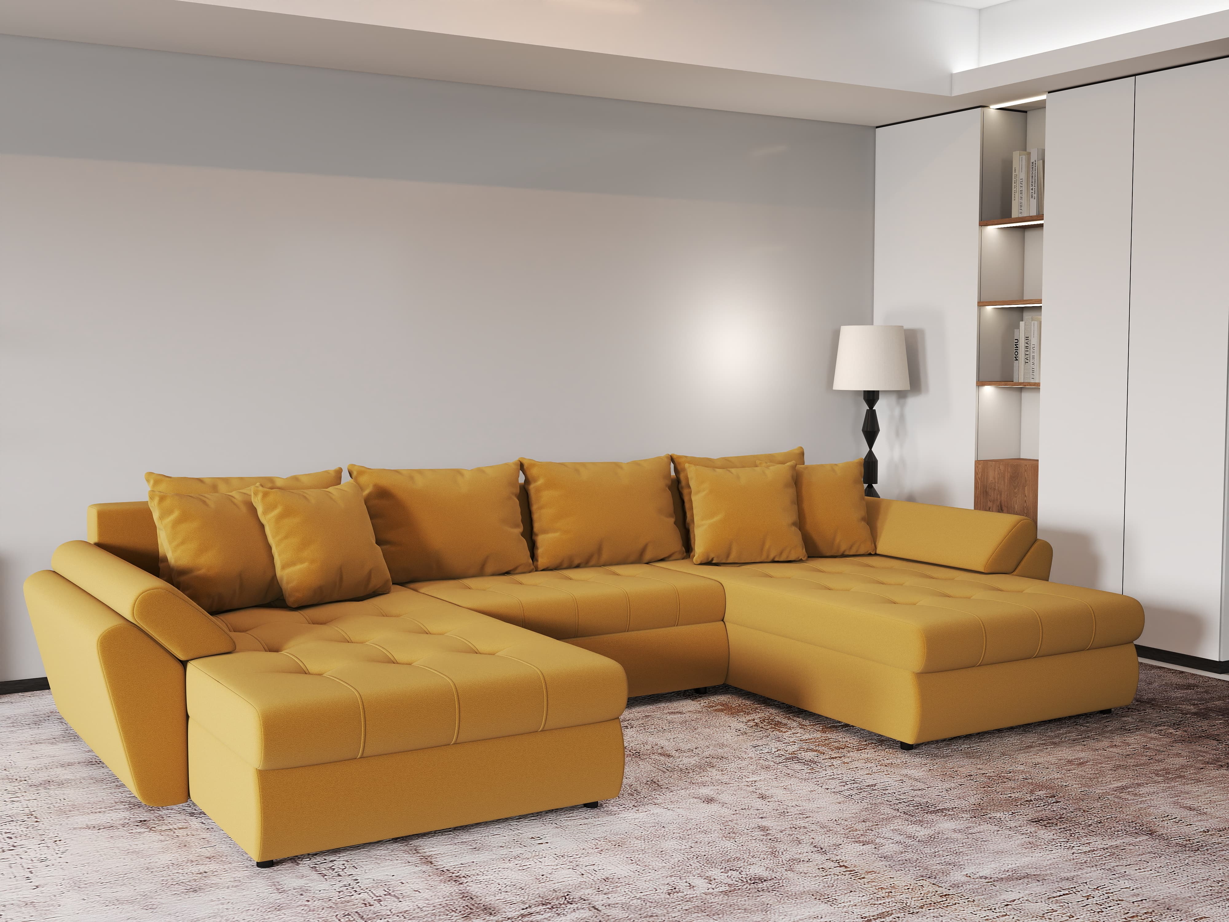 Colțar extensibil dumonde cu ladă de depozitare si sezut confortabil din spuma HR, Loana Royal Mustar U 355x185 cm Fabrica