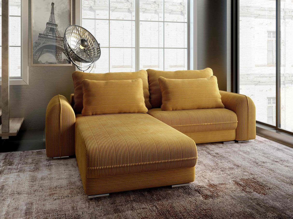 Colțar extensibil dumonde cu ladă de depozitare si sezut confortabil din spuma HR, Denver Zoom Mustar 275x185 cm Fabrica
