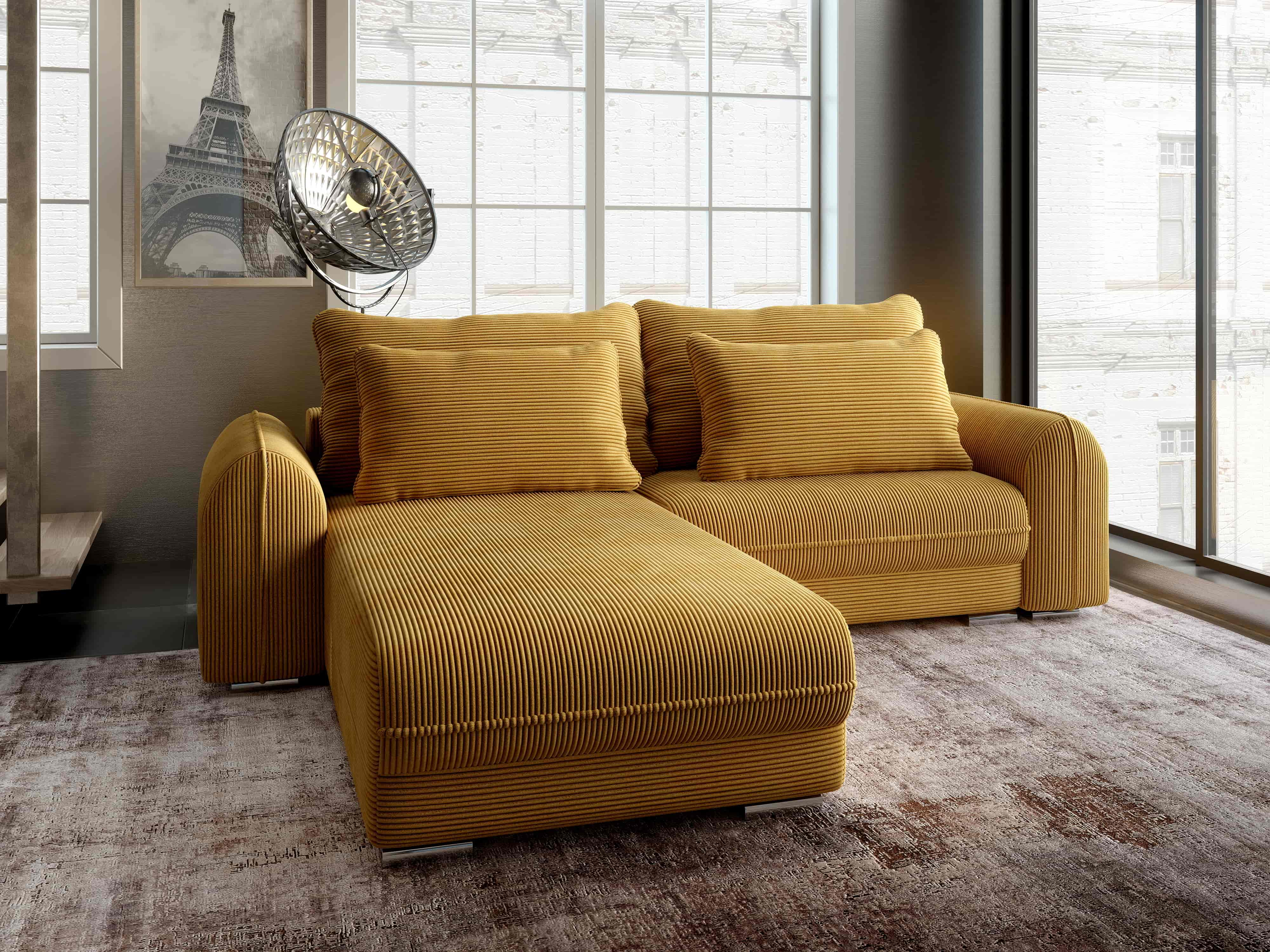 Colțar extensibil dumonde cu ladă de depozitare si sezut confortabil din spuma HR, Denver Zoom Mustar 275x185 cm Fabrica