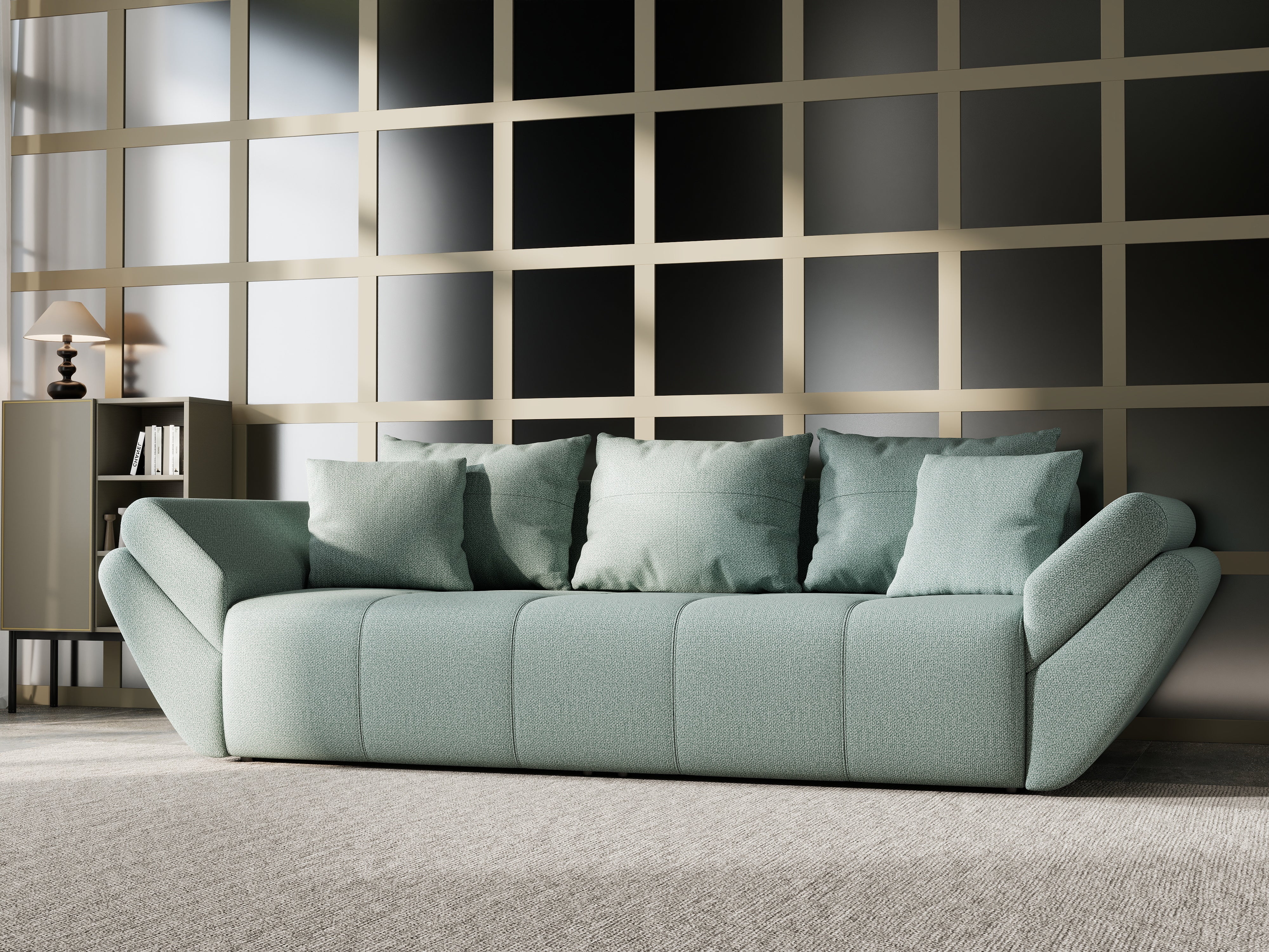 Canapea extensibilă dumonde cu ladă de depozitare si sezut confortabil din spuma HR, Berlin Mint 250x100 cm Fabrica