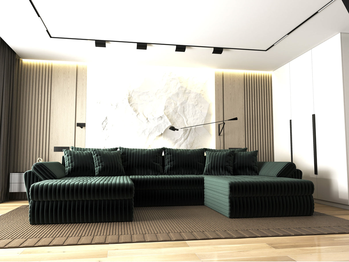 Colțar extensibil dumonde cu ladă de depozitare si sezut confortabil din spuma HR, Loana U Verde Ambience 355x185 cm Fabrica