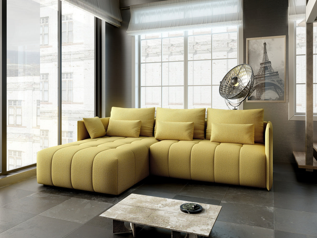 Colțar extensibil dumonde cu ladă de depozitare si sezut confortabil din spuma HR, Malta Galben 235x185 cm Fabrica